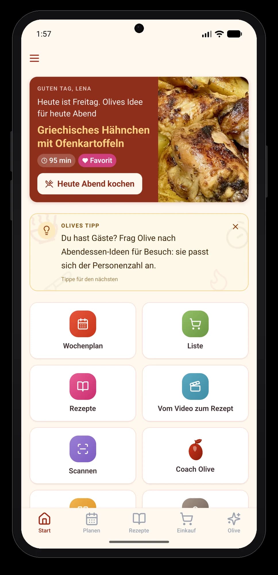 Olivi für Android: der Startbildschirm der Essensplaner-App Startbildschirm der Olivi-App für Android: Kacheln Wochenplan, Liste, Rezepte und Vom Video zum Rezept, mit Olives Idee fürs Abendessen