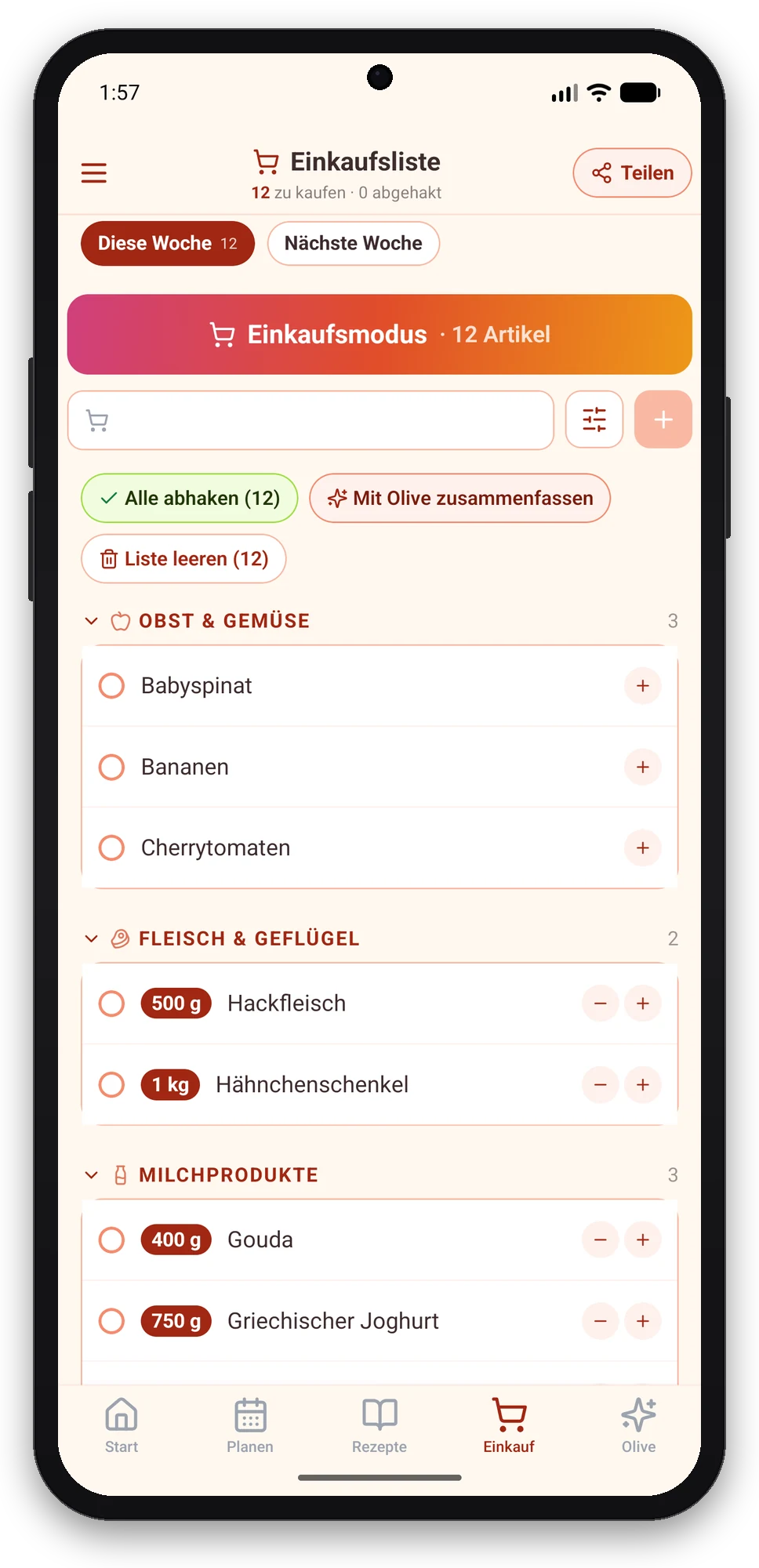 Olivi für Android: Einkaufsliste nach Abteilungen und Einkaufsmodus offline Einkaufsliste der Olivi-App für Android, nach Abteilungen sortiert, mit dem Button Einkaufsmodus