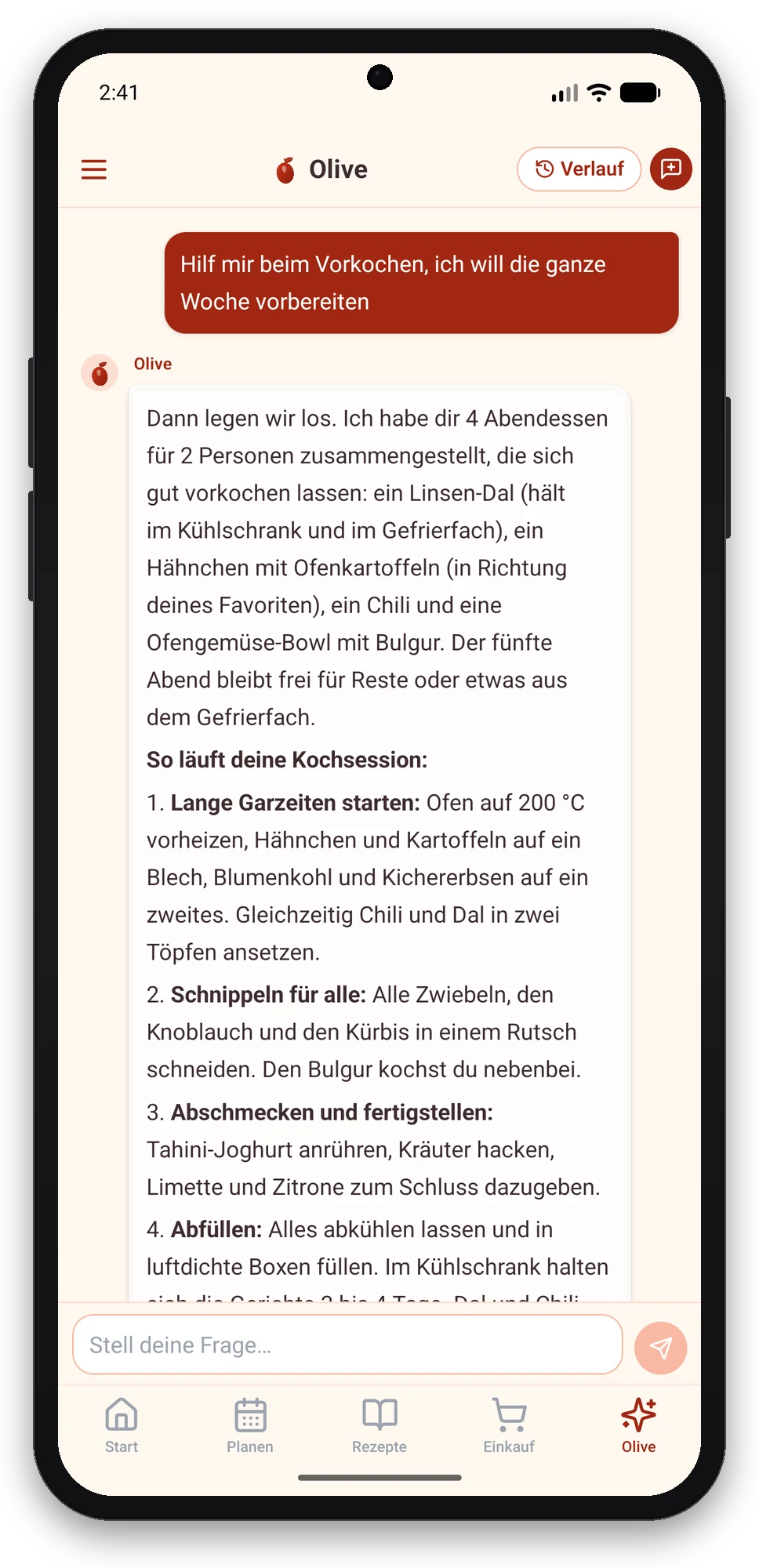 Olivi für Android: Olive, die virtuelle Kochcoachin, plant eine Vorkoch-Session Chat mit Olive in der Olivi-App für Android: Bitte um Vorkochen für die Woche und der vorgeschlagene Ablauf der Kochsession