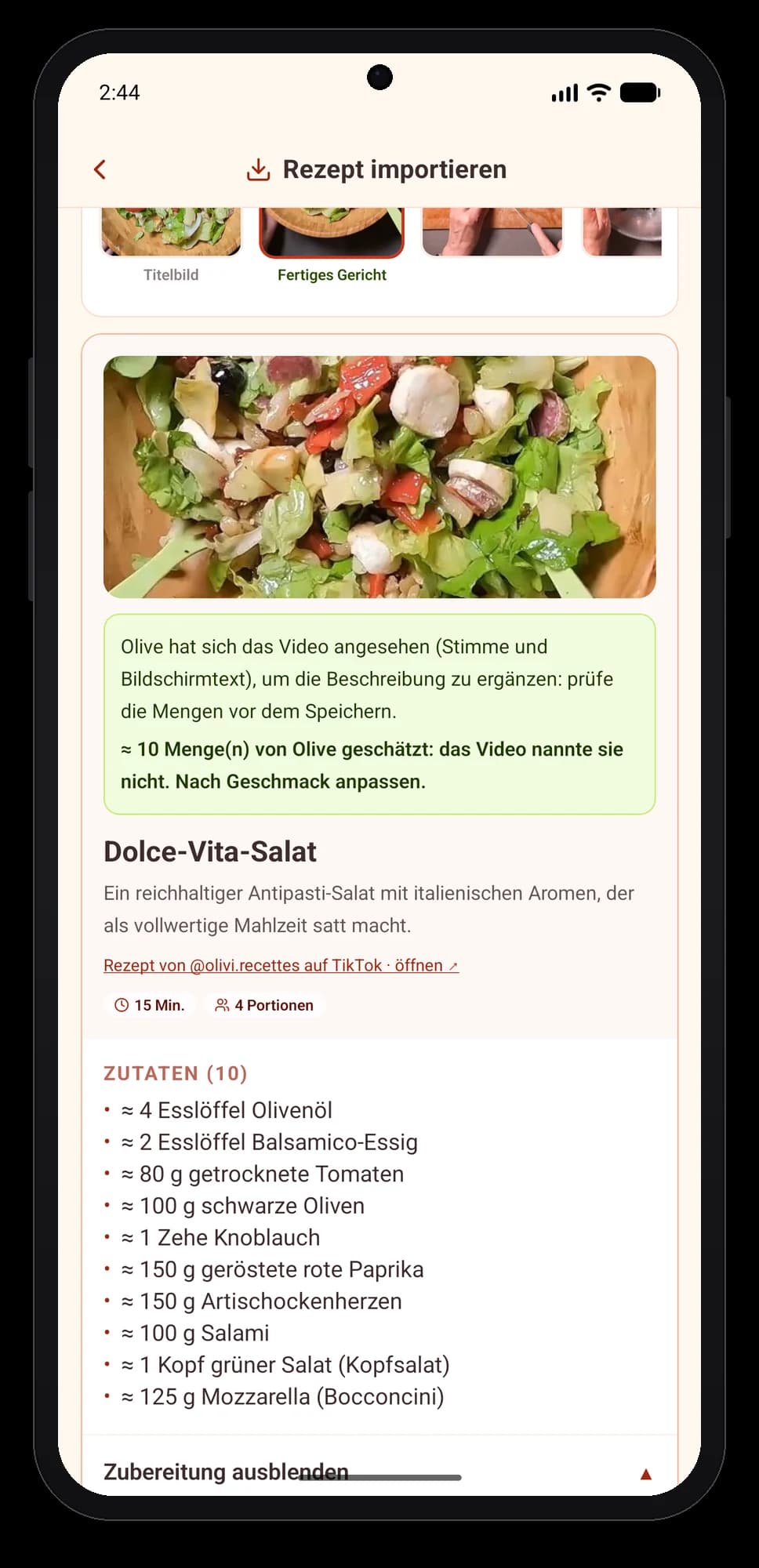 Olivi für Android: aus dem TikTok-Rezept wird eine saubere Rezeptkarte in deiner Sprache Aus TikTok importiertes Rezept in der Olivi-App für Android: Foto, Hinweis von Olive, dass sie das Video angesehen hat, Titel und Zutaten
