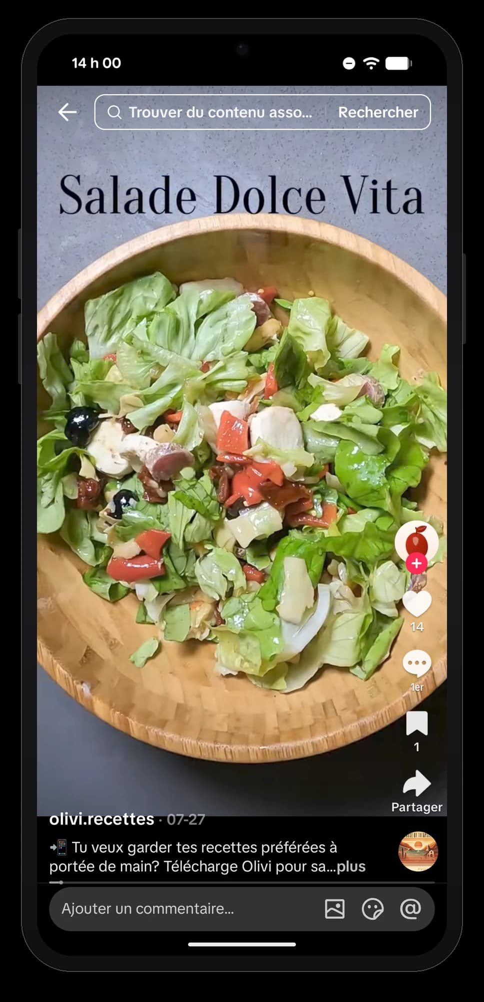 Olivi für Android: auf Teilen tippen und Olivi wählen Rezeptvideo Dolce-Vita-Salat auf TikTok, mit dem Teilen-Button, der den Link an Olivi schickt
