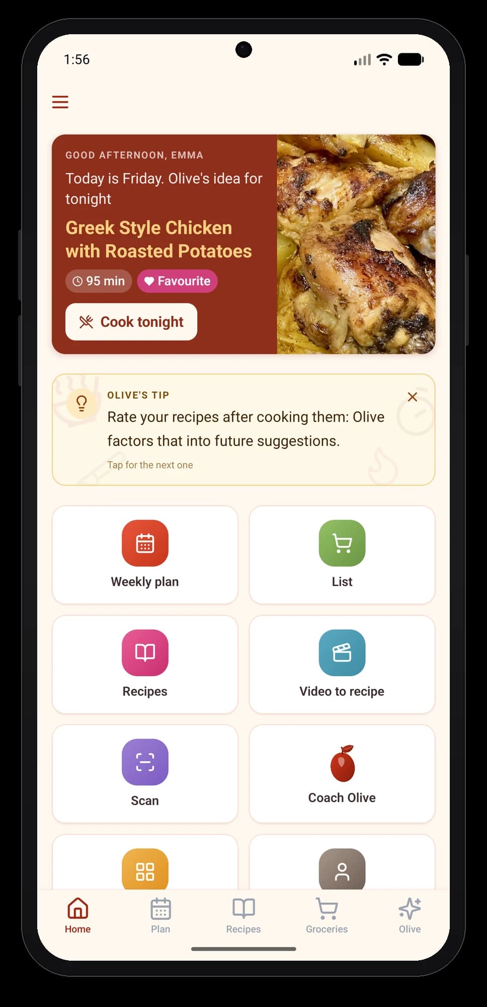 Olivi for Android: the meal planner app home screen Olivi Android app home screen: Weekly plan, List, Recipes and Video to recipe tiles, with Olive’s dinner idea