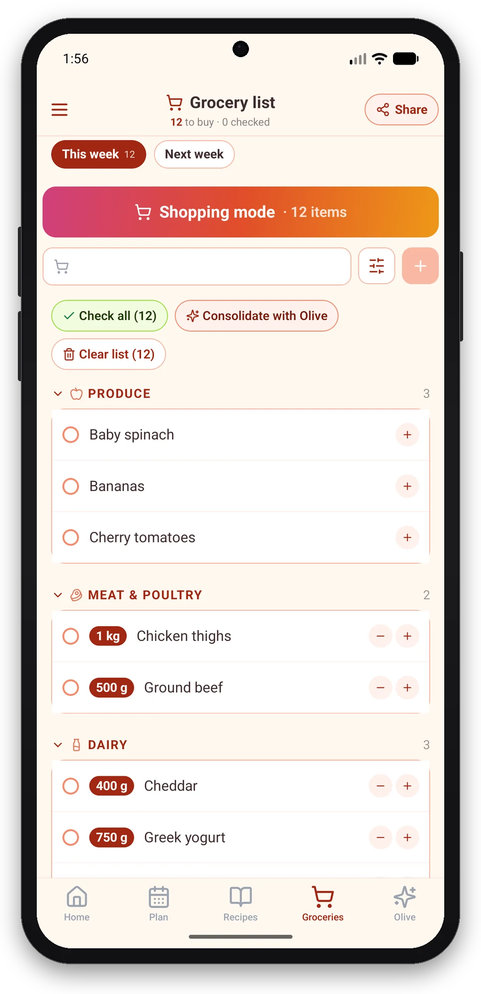 Olivi for Android: grocery list by aisle and offline shopping mode Olivi Android grocery list sorted by aisle, with the Shopping mode button