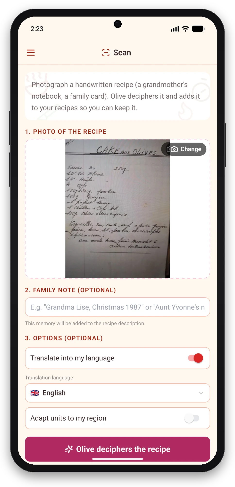 Olivi for Android: scan a paper recipe with the camera Olivi Android Scan screen: photo of a handwritten olive loaf recipe, ready for Olive to decipher