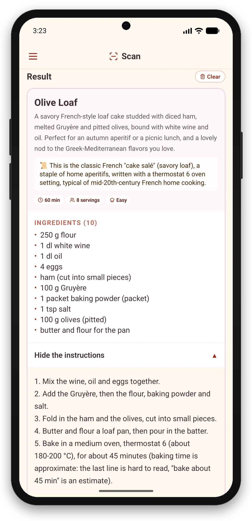 Olivi for Android: the handwritten recipe becomes a structured recipe card Scan result in the Olivi Android app: Olive Loaf recipe card with recognised ingredients and steps