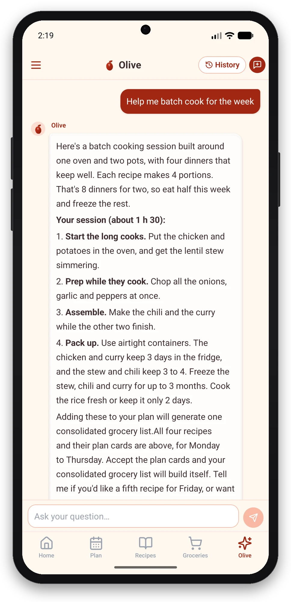 Olivi for Android: Olive, the virtual cooking coach, plans a batch cooking session Chat with Olive in the Olivi Android app: a request to batch cook for the week and the session plan Olive suggests
