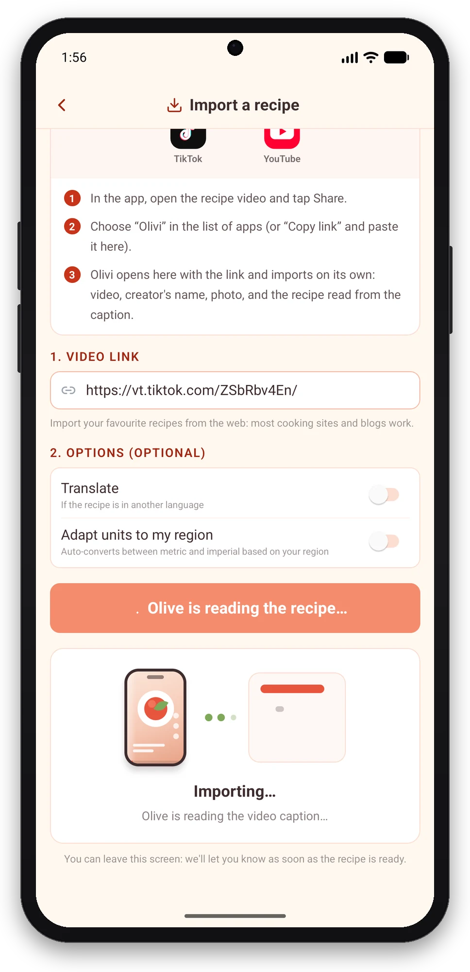 Olivi for Android: the TikTok recipe import starts on its own Olivi Android Import a recipe screen: TikTok link already in place, Olive is reading the recipe