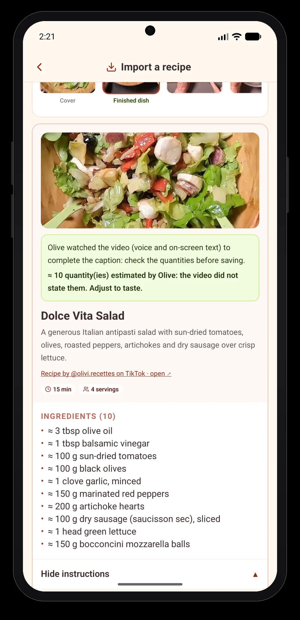 Olivi for Android: the TikTok recipe becomes a clean recipe card in your language Recipe imported from TikTok in the Olivi Android app: photo, Olive’s note that she watched the video, title and ingredients