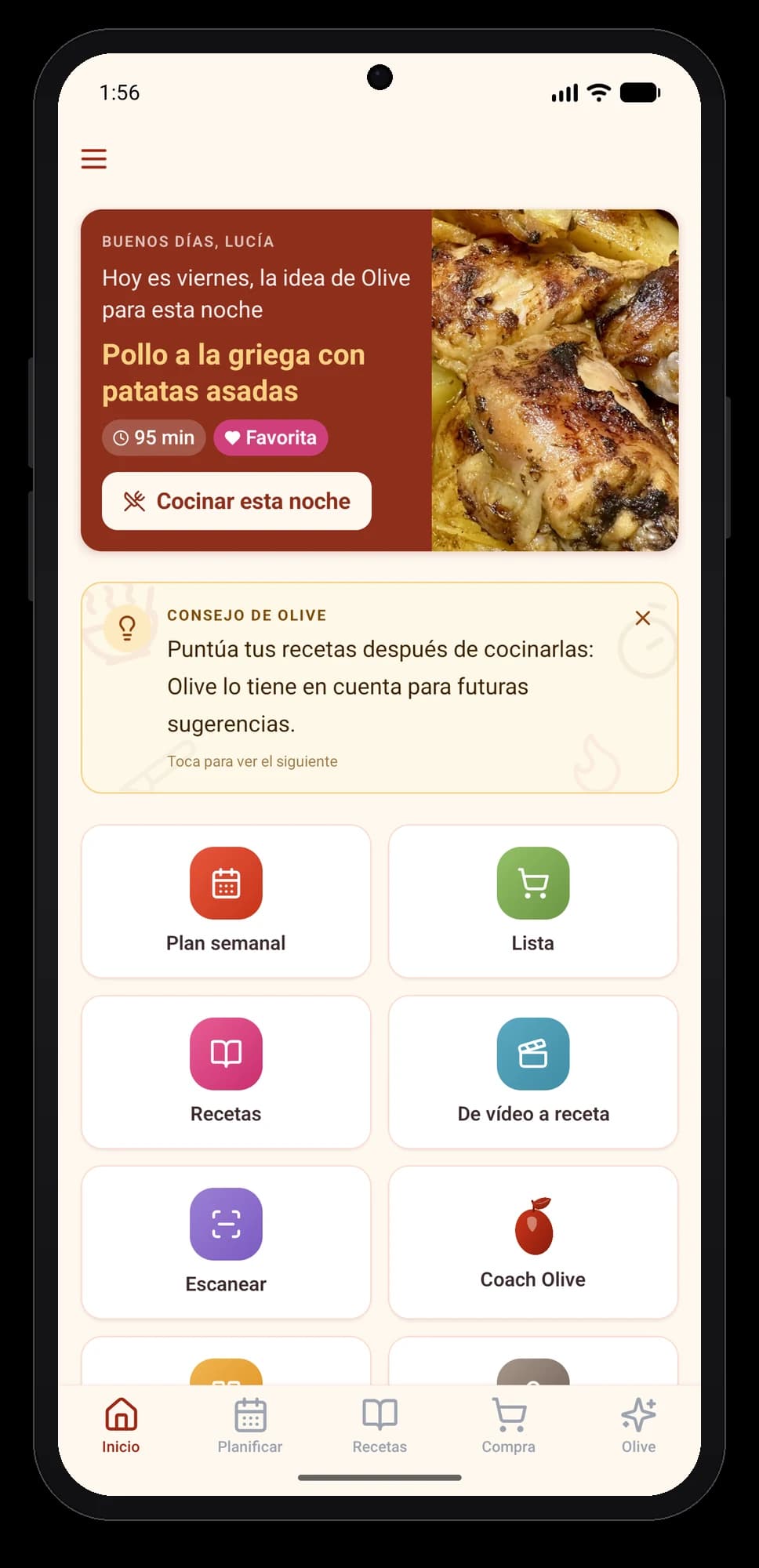 Olivi en Android: el inicio de la app de menú semanal Pantalla de inicio de la app Olivi en Android: Plan semanal, Lista, Recetas y De vídeo a receta, con la idea de cena de Olive