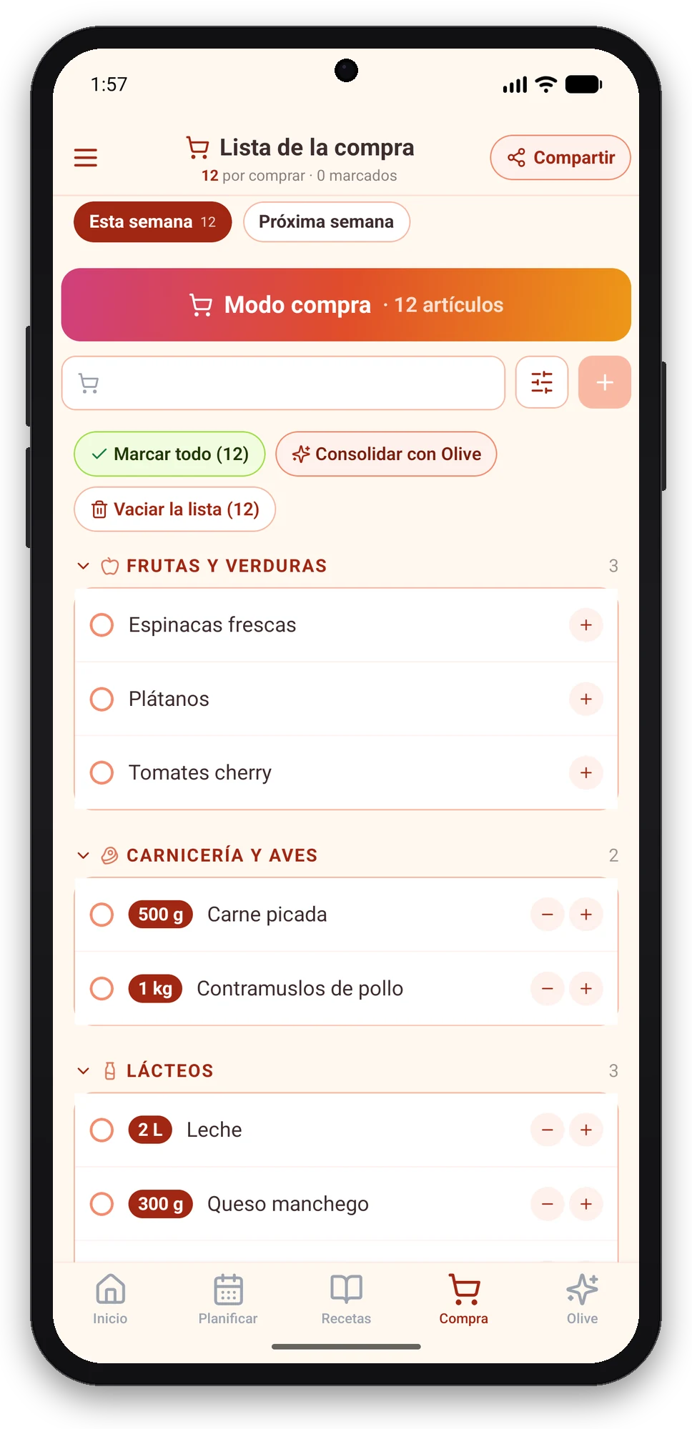 Olivi en Android: lista de la compra por pasillos y modo compra sin conexión Lista de la compra de la app Olivi en Android, ordenada por pasillos, con el botón Modo compra