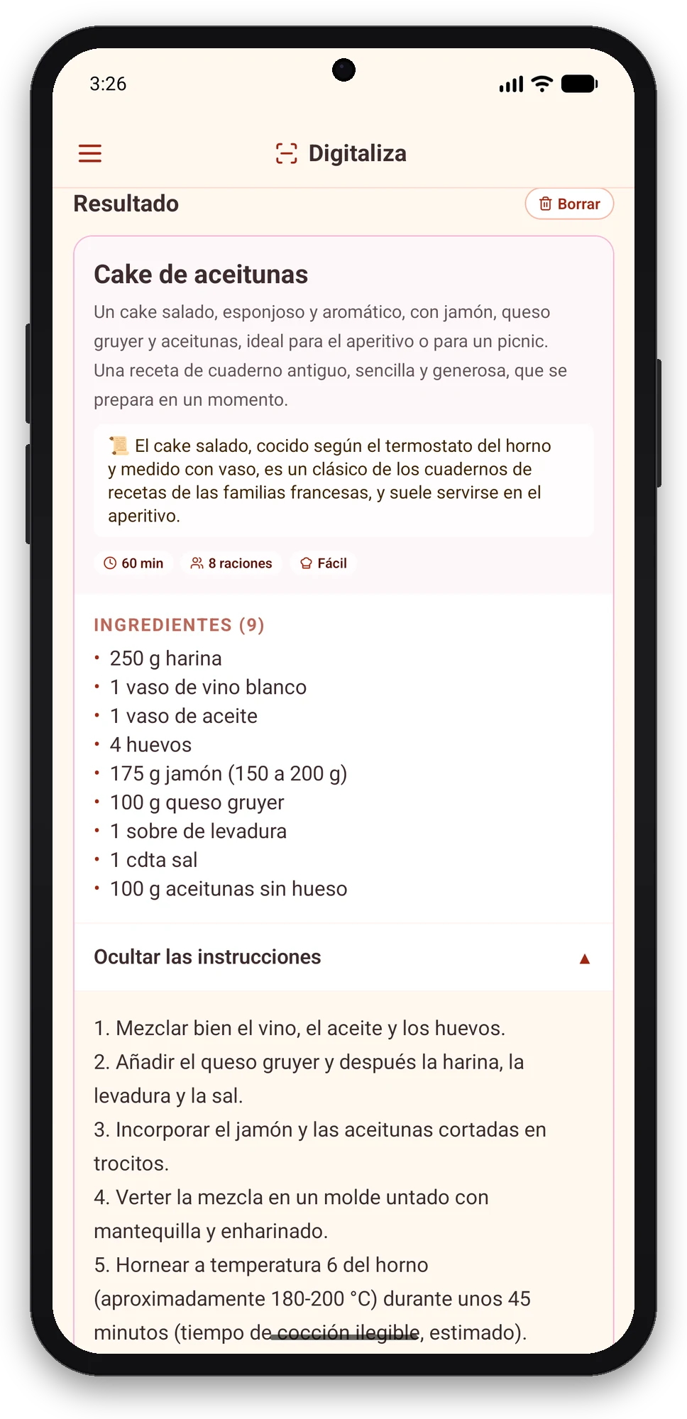 Olivi para Android: la receta manuscrita se convierte en una ficha estructurada Resultado del escaneo en la app Olivi para Android: ficha Cake de aceitunas con ingredientes y pasos reconocidos