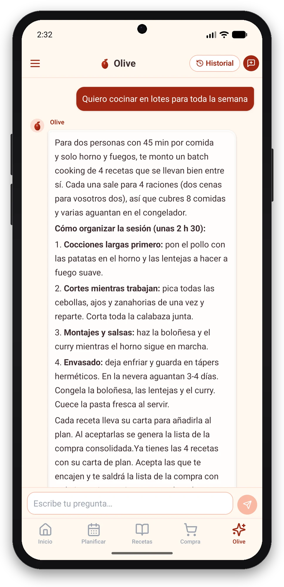 Olivi para Android: Olive, la coach culinaria virtual, organiza una sesión de cocina en lotes Chat con Olive en la app Olivi para Android: petición de cocinar en lotes para la semana y plan de sesión propuesto