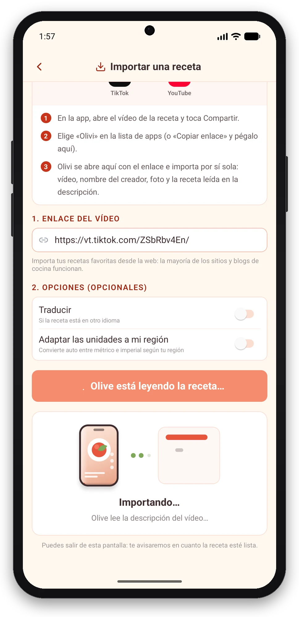 Olivi para Android: la importación de la receta de TikTok arranca sola Pantalla Importar una receta de Olivi para Android: enlace de TikTok ya colocado, Olive está leyendo la receta