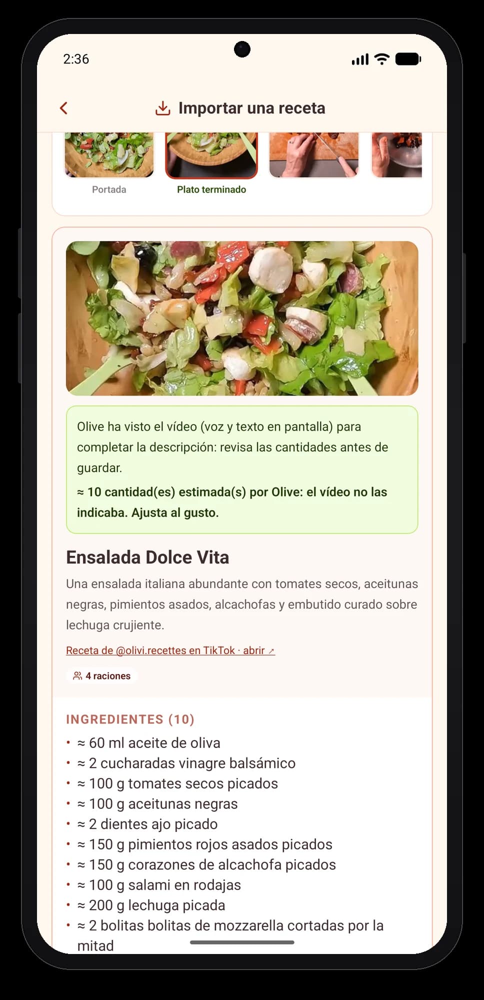 Olivi para Android: la receta de TikTok se convierte en una ficha limpia en tu idioma Receta importada desde TikTok en la app Olivi para Android: foto, nota de Olive que ha visto el vídeo, título e ingredientes