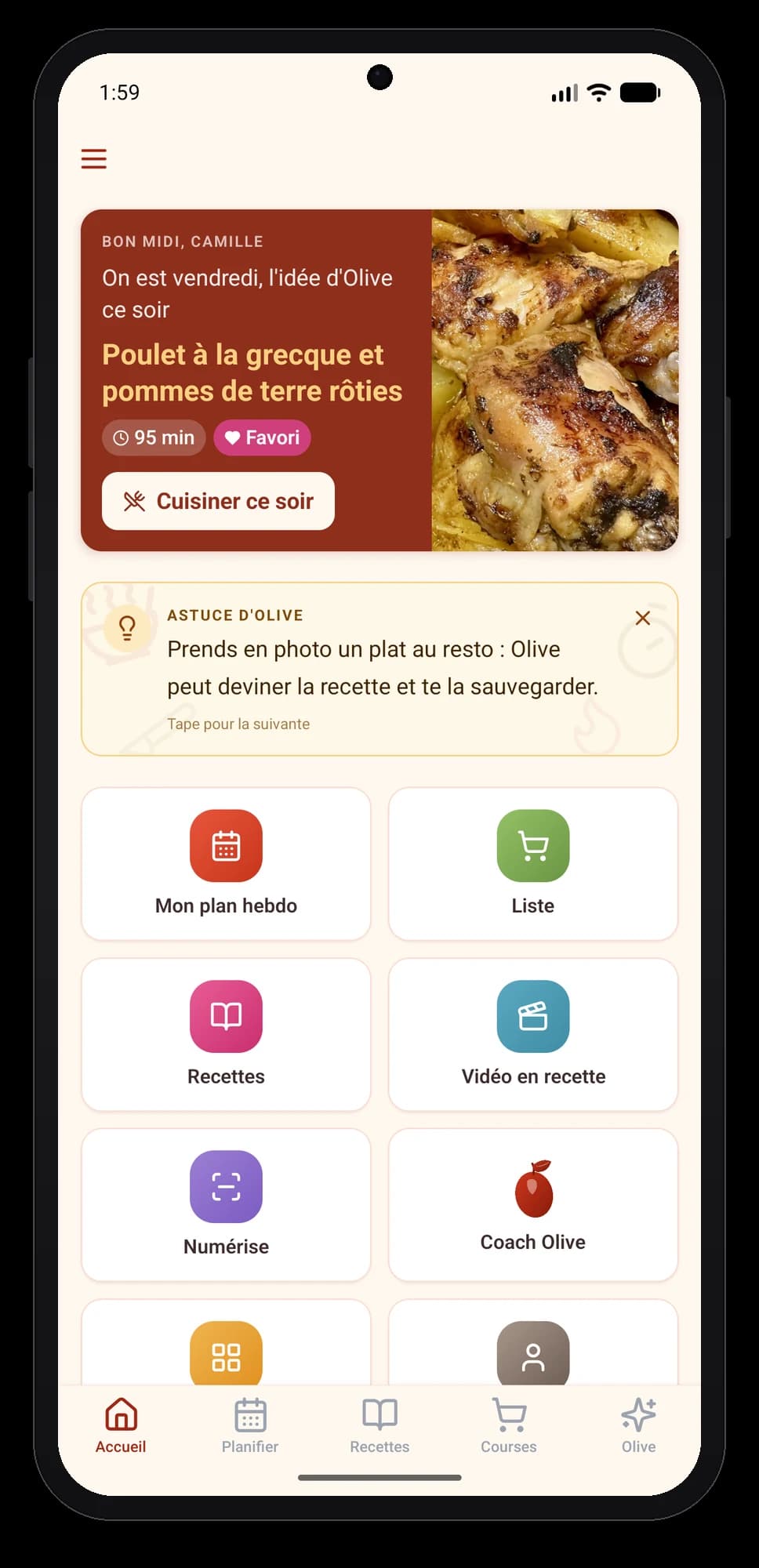 Olivi sur Android : l’accueil de l’application de menu de la semaine Accueil de l’app Olivi sur Android : tuiles Mon plan hebdo, Liste, Recettes et Vidéo en recette, avec l’idée de souper d’Olive