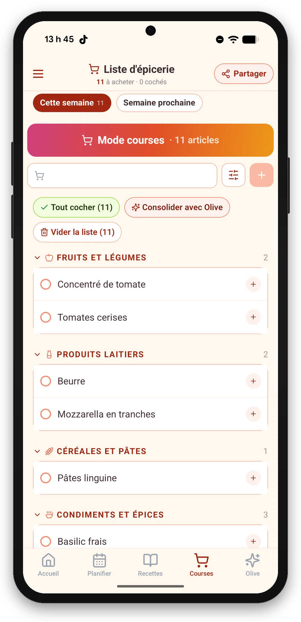 Olivi sur Android : la liste d’épicerie par rayon et le mode courses hors ligne Liste d’épicerie de l’app Olivi sur Android, classée par rayon, avec le bouton Mode courses