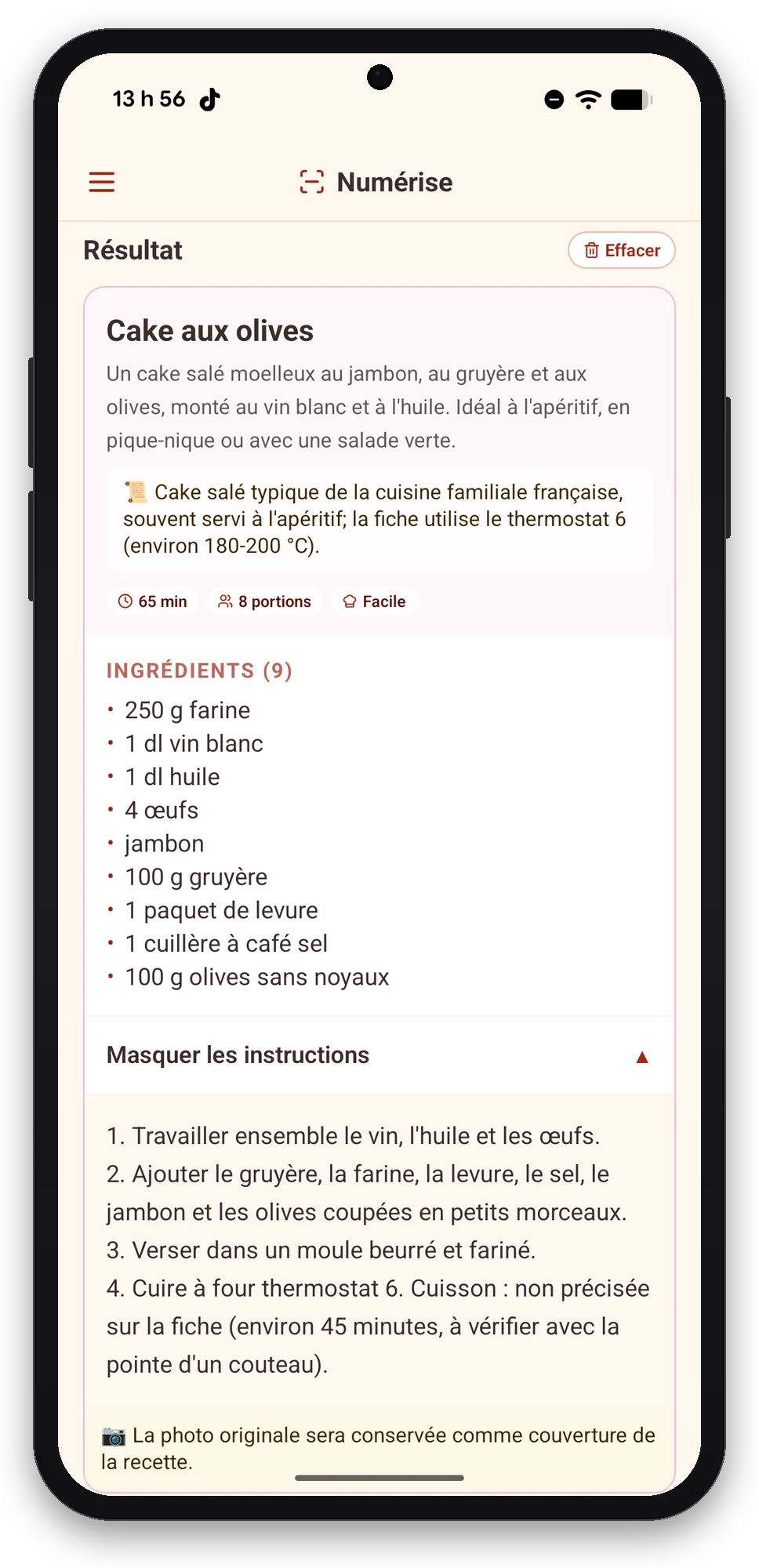 Olivi sur Android : la recette manuscrite devient une fiche structurée Résultat de la numérisation dans l’app Olivi sur Android : fiche Cake aux olives avec ingrédients et étapes reconnus