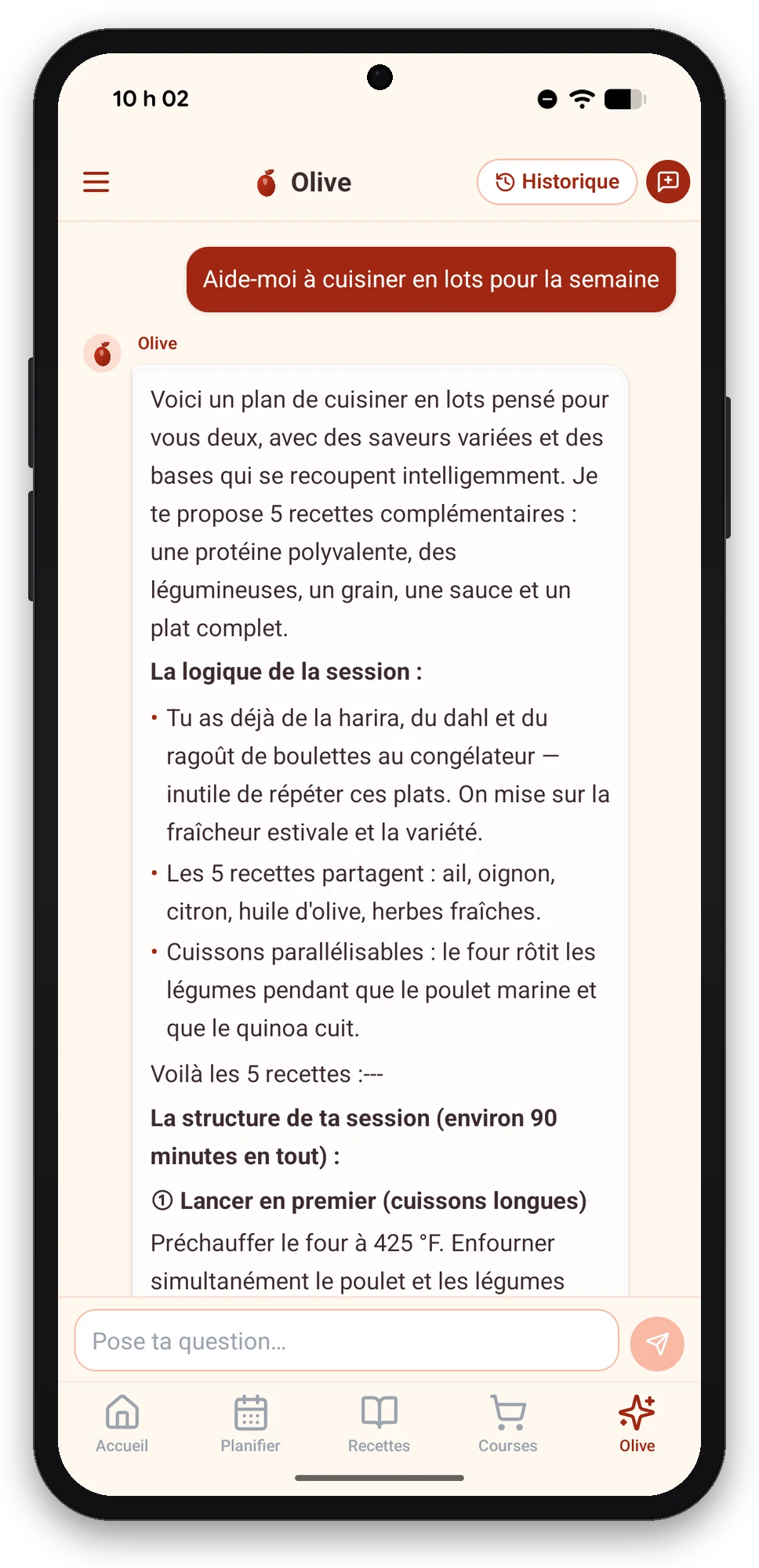 Olivi sur Android : Olive, la coach culinaire virtuelle, compose une session de cuisine en lots Conversation avec Olive dans l’app Olivi sur Android : demande de cuisiner en lots pour la semaine et plan de session proposé