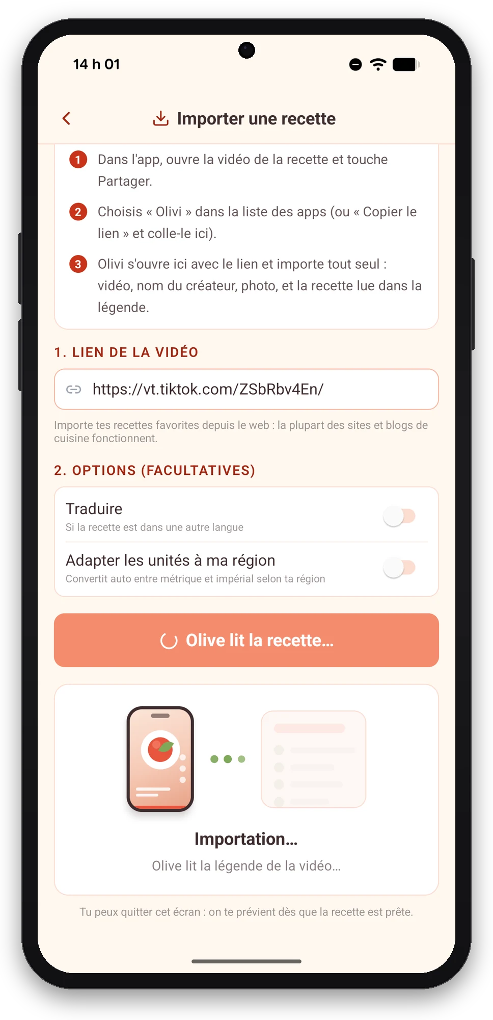 Olivi sur Android : l’import de la recette TikTok démarre tout seul Écran Importer une recette de l’app Olivi sur Android : lien TikTok déjà en place, Olive lit la recette