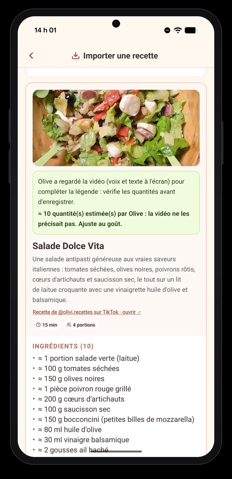 Olivi sur Android : la recette TikTok devient une fiche propre dans ta langue Fiche de recette importée depuis TikTok dans l’app Olivi sur Android : photo, note d’Olive qui a regardé la vidéo, titre et ingrédients