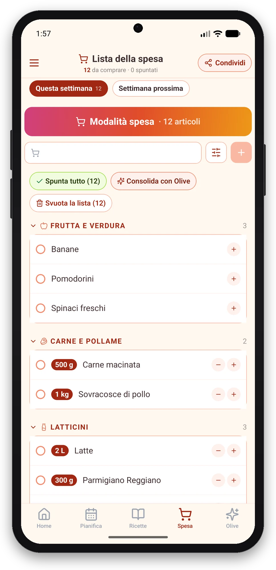 Olivi per Android: lista della spesa per reparto e modalità spesa offline Lista della spesa dell’app Olivi per Android, ordinata per reparto, con il pulsante Modalità spesa
