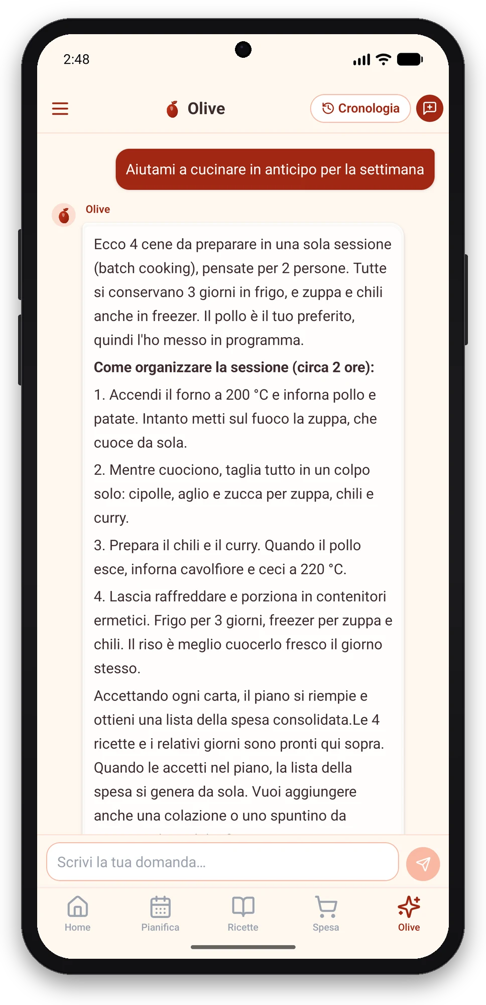 Olivi per Android: Olive, la coach culinaria virtuale, organizza una sessione di batch cooking Chat con Olive nell’app Olivi per Android: richiesta di cucinare in anticipo per la settimana e piano della sessione proposto