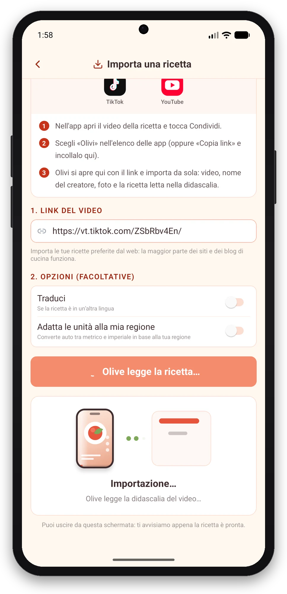 Olivi per Android: l’importazione della ricetta TikTok parte da sola Schermata Importa una ricetta di Olivi per Android: link TikTok già inserito, Olive legge la ricetta
