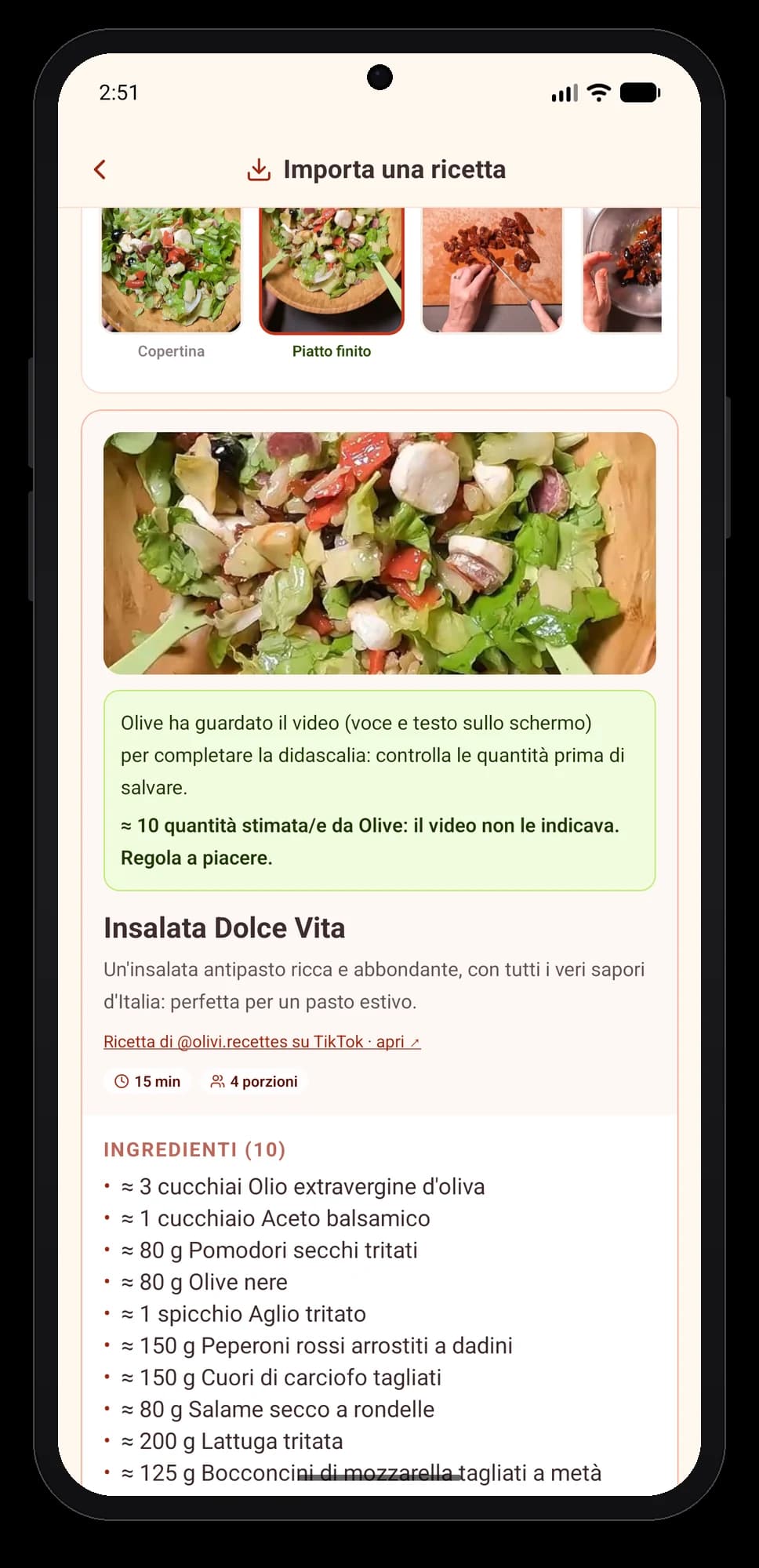 Olivi per Android: la ricetta TikTok diventa una scheda pulita nella tua lingua Ricetta importata da TikTok nell’app Olivi per Android: foto, nota di Olive che ha guardato il video, titolo e ingredienti