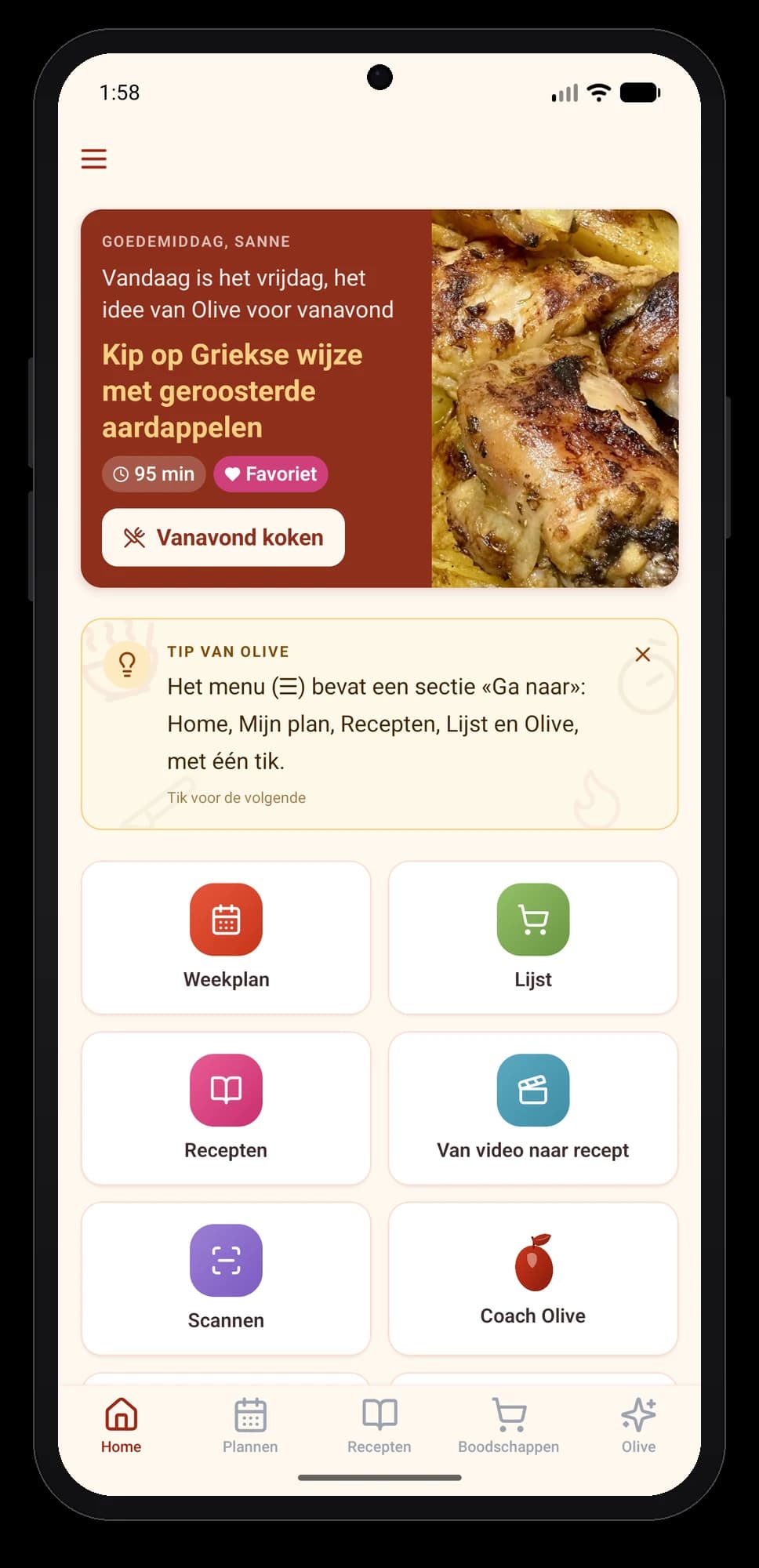 Olivi voor Android: het startscherm van de maaltijdplanner-app Startscherm van de Olivi-app voor Android: tegels Weekplan, Lijst, Recepten en Van video naar recept, met Olives idee voor vanavond