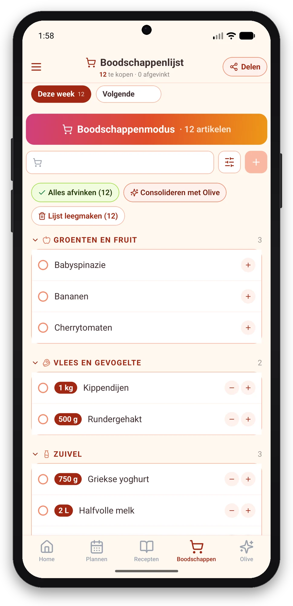 Olivi voor Android: boodschappenlijst per schap en boodschappenmodus offline Boodschappenlijst van de Olivi-app voor Android, gesorteerd per schap, met de knop Boodschappenmodus