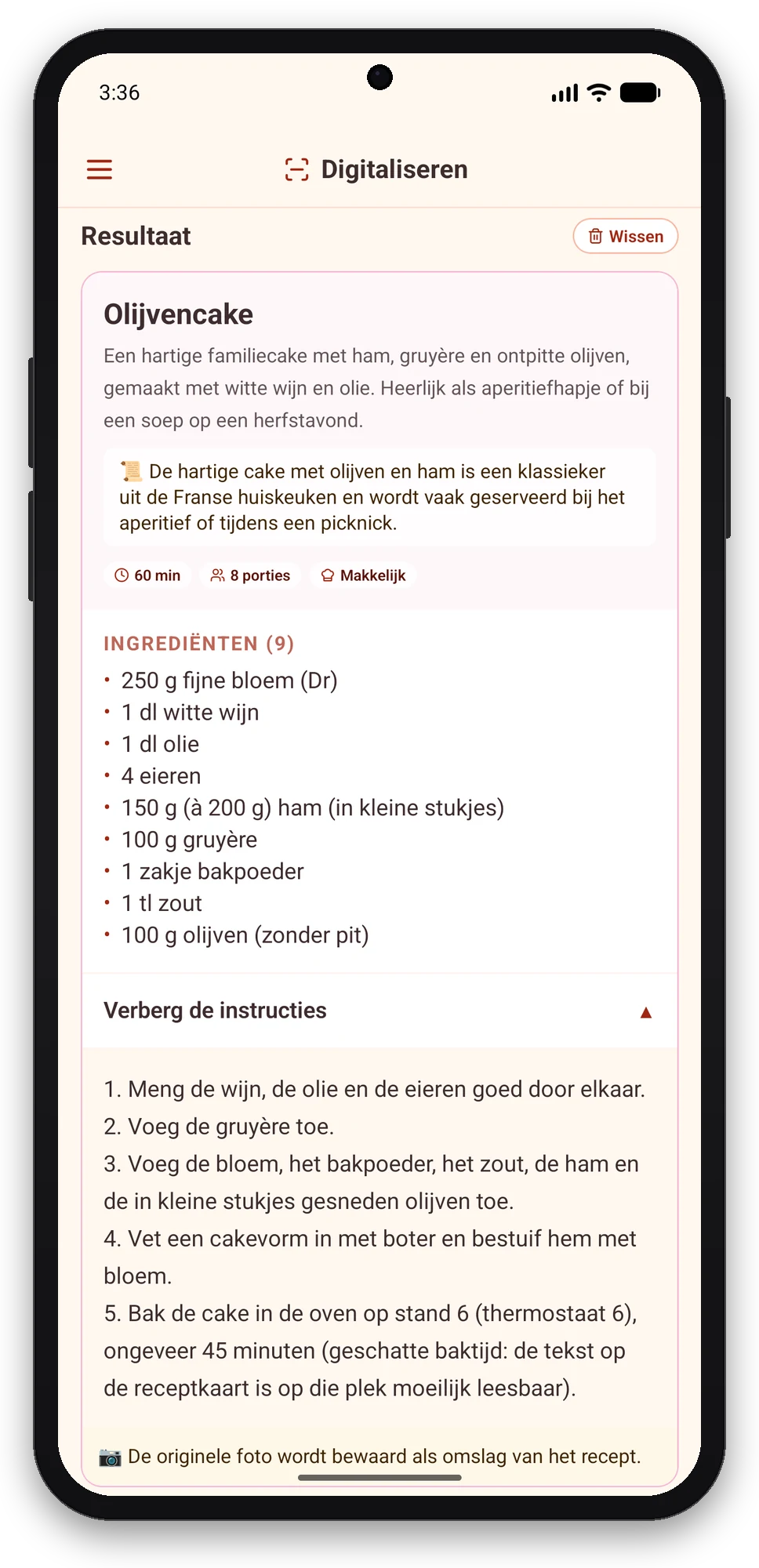 Olivi voor Android: het handgeschreven recept wordt een gestructureerde receptkaart Scanresultaat in de Olivi-app voor Android: receptkaart Olijvencake met herkende ingrediënten en stappen