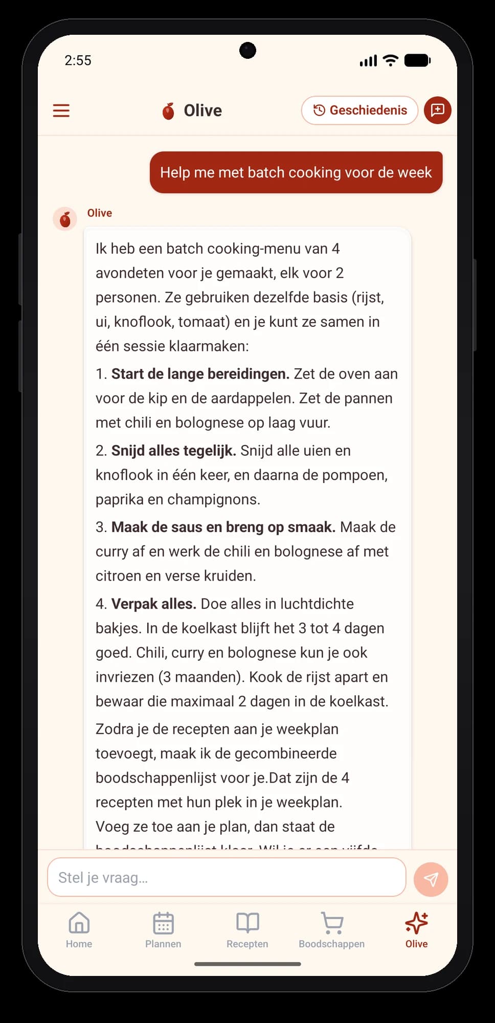 Olivi voor Android: Olive, de virtuele kookcoach, plant een batch cooking-sessie Chat met Olive in de Olivi-app voor Android: vraag om batch cooking voor de week en het voorgestelde sessieplan