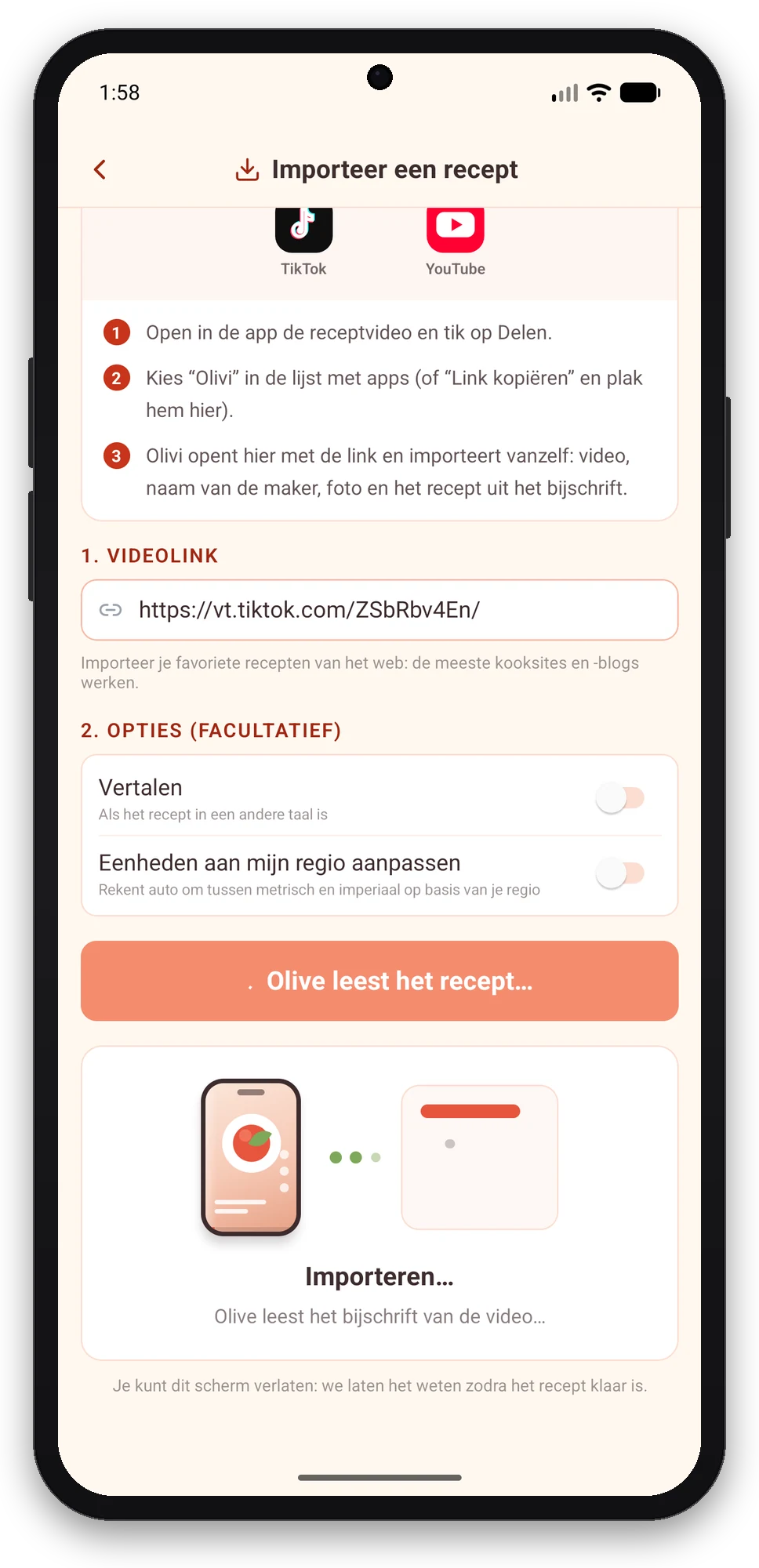 Olivi voor Android: de import van het TikTok-recept start vanzelf Scherm Importeer een recept van Olivi voor Android: TikTok-link al ingevuld, Olive leest het recept