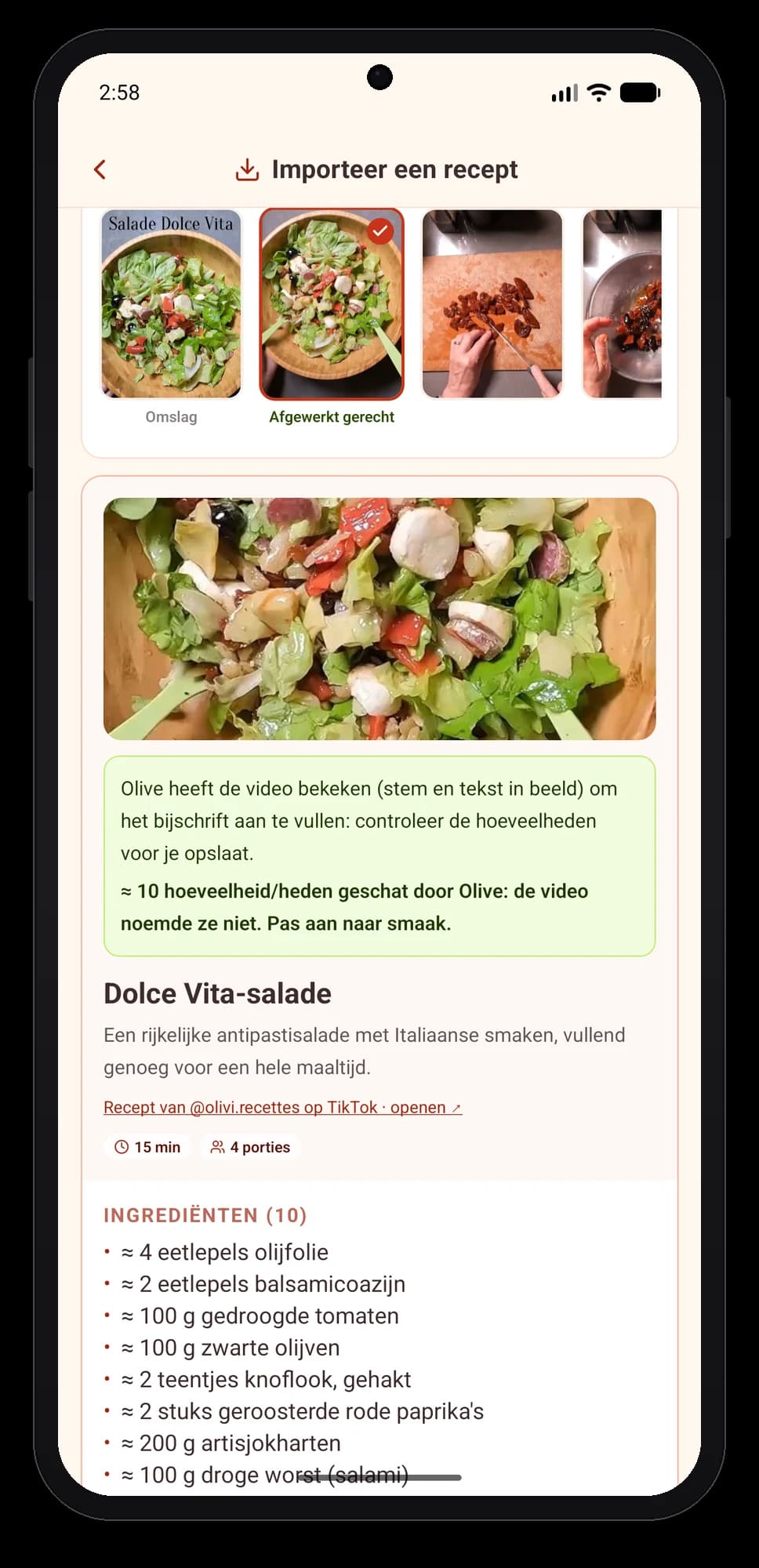 Olivi voor Android: het TikTok-recept wordt een nette receptkaart in jouw taal Recept geïmporteerd uit TikTok in de Olivi-app voor Android: foto, opmerking van Olive dat ze de video heeft bekeken, titel en ingrediënten