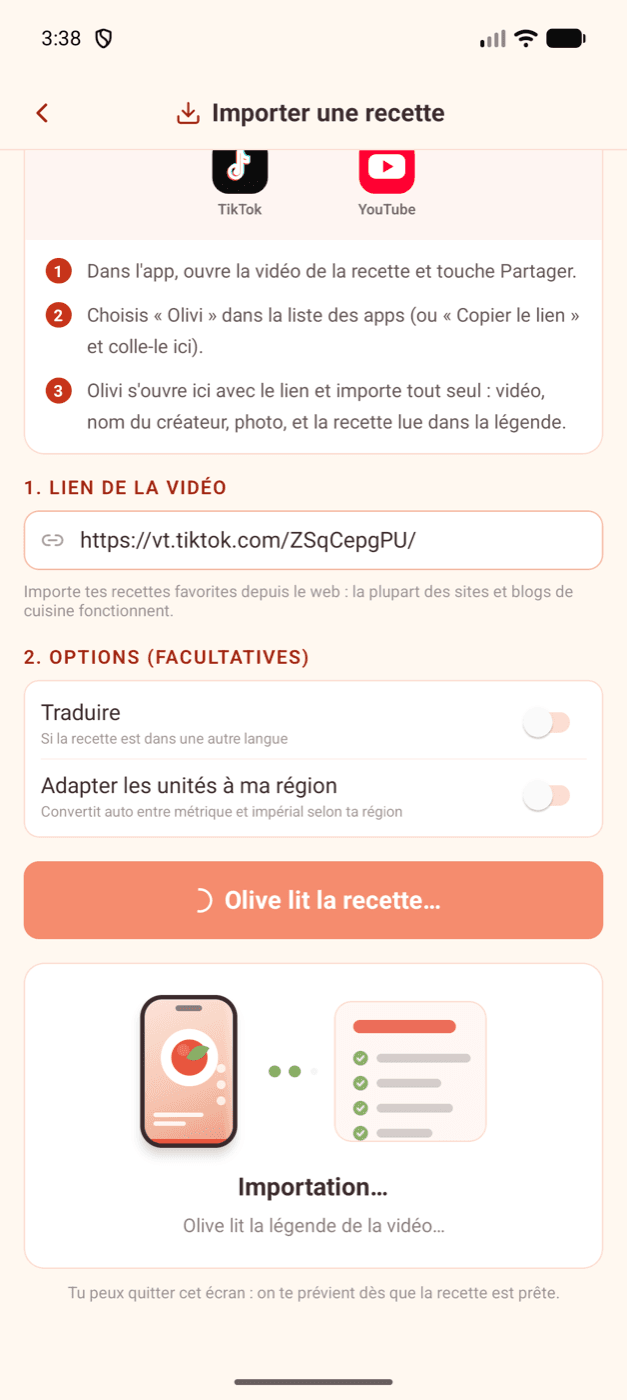 Enregistrer une recette TikTok avec Olivi Enregistrer une recette TikTok dans l’application Olivi : Olive lit la légende de la vidéo pendant l’importation
