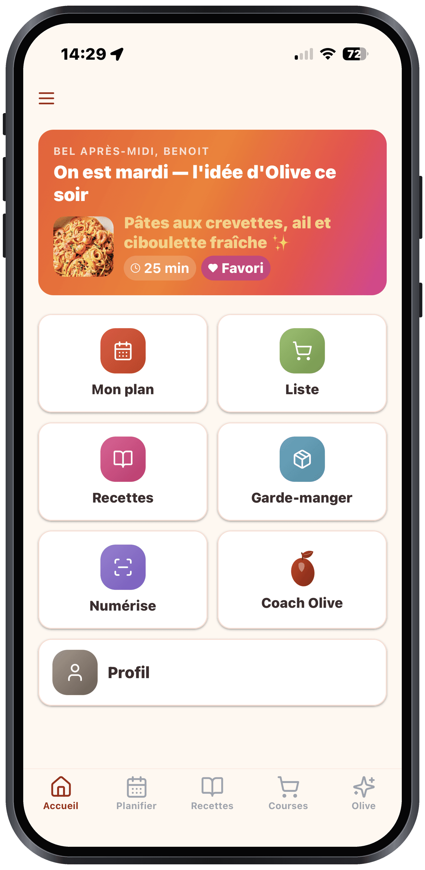 Olivi on iPhone, meal planner and tonight's dinner idea The Olivi app on iPhone: the home screen with tonight's meal idea and quick access to the plan, recipes, list and Olive the coach