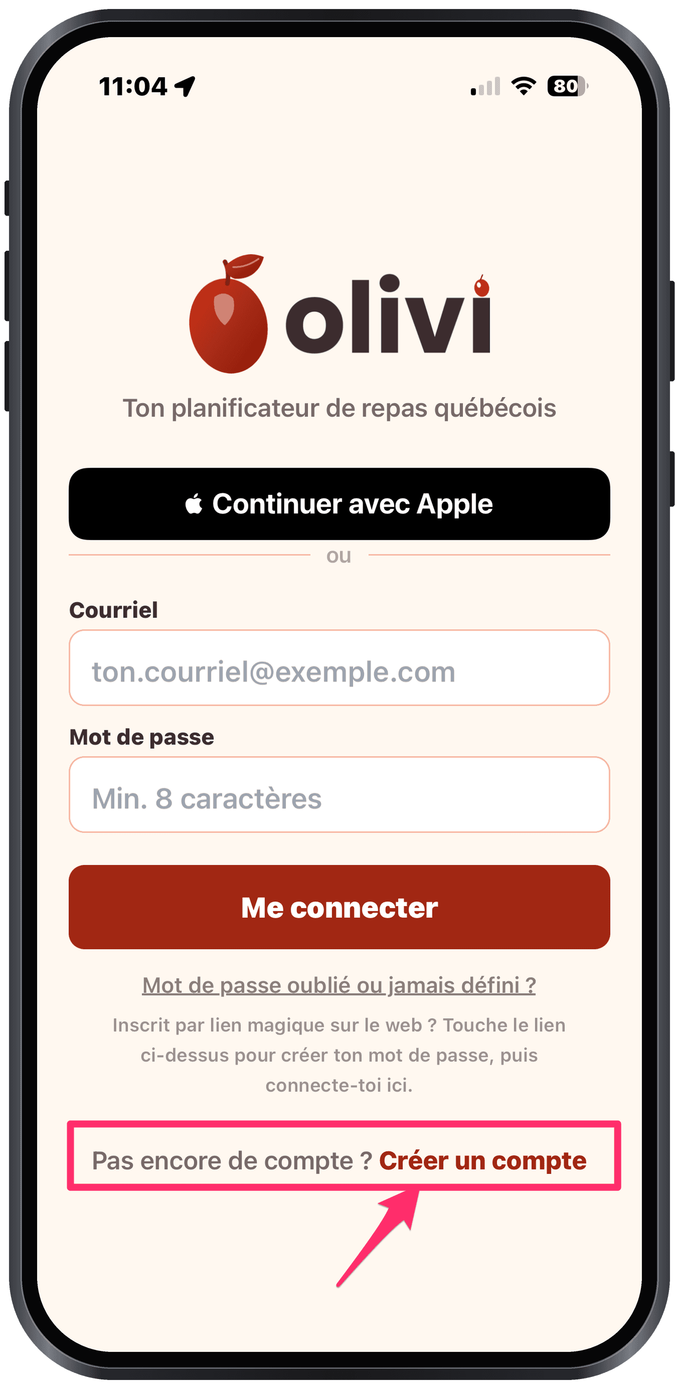 Créer son compte Olivi L’écran de création de compte d’Olivi sur iPhone, avec l’option de s’inscrire par courriel