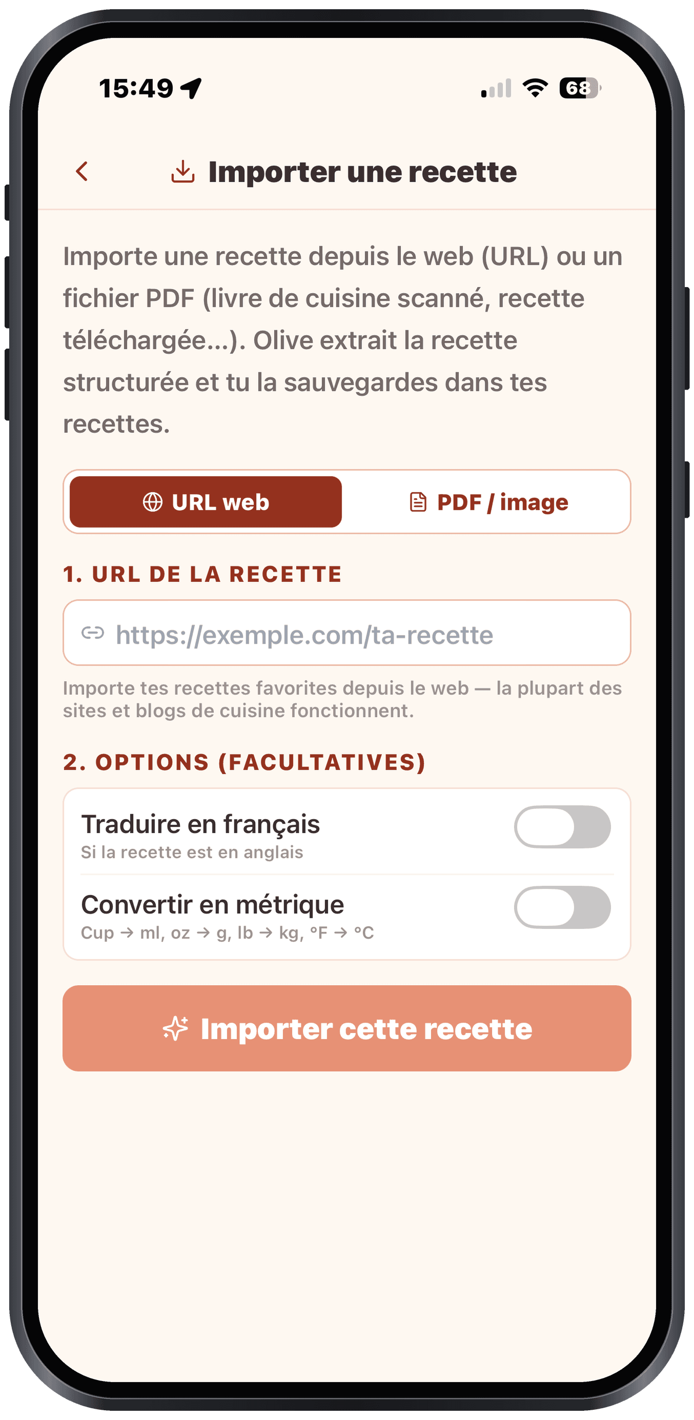 Importer une recette depuis une URL ou un PDF avec Olivi Import d'une recette depuis une URL ou un PDF dans Olivi sur iPhone : Olive lit le lien et structure la recette automatiquement