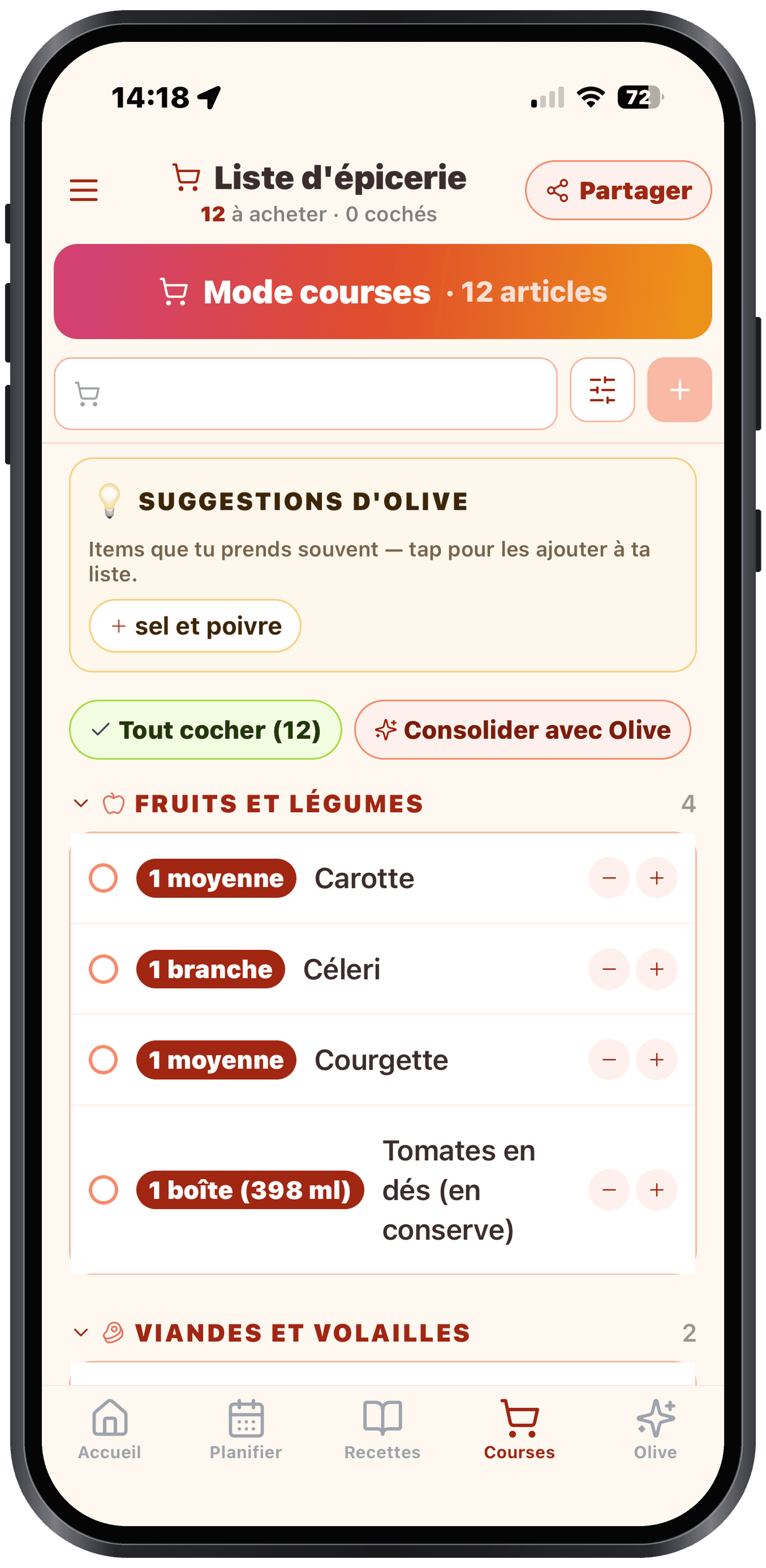 Olivi grocery list on iPhone, sorted by aisle and shareable The Olivi grocery list on iPhone: items sorted by aisle, shopping mode and real-time sharing