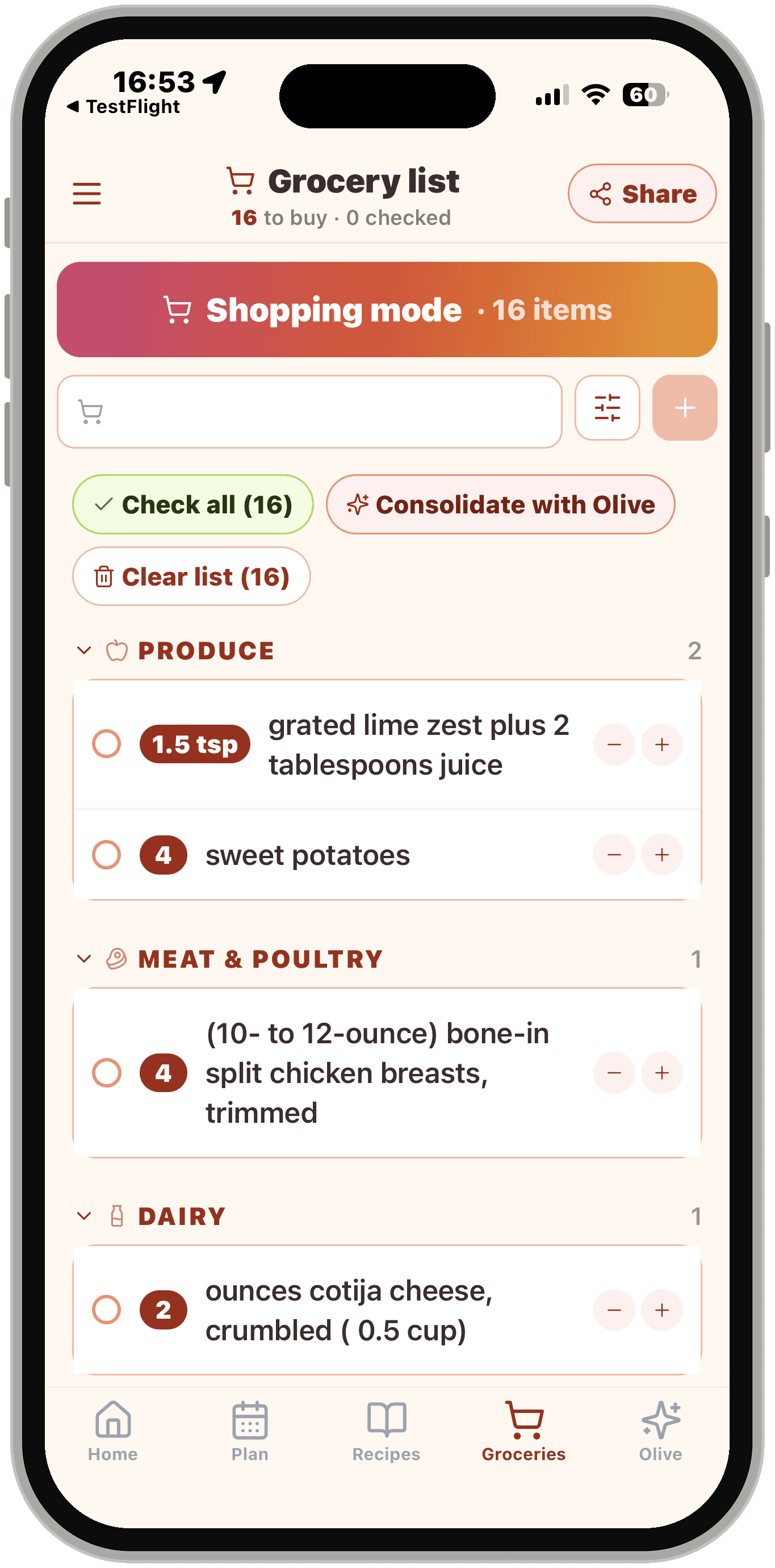Olivi grocery list on iPhone, sorted by aisle and shareable The Olivi grocery list on iPhone: items sorted by aisle, shopping mode and real-time sharing