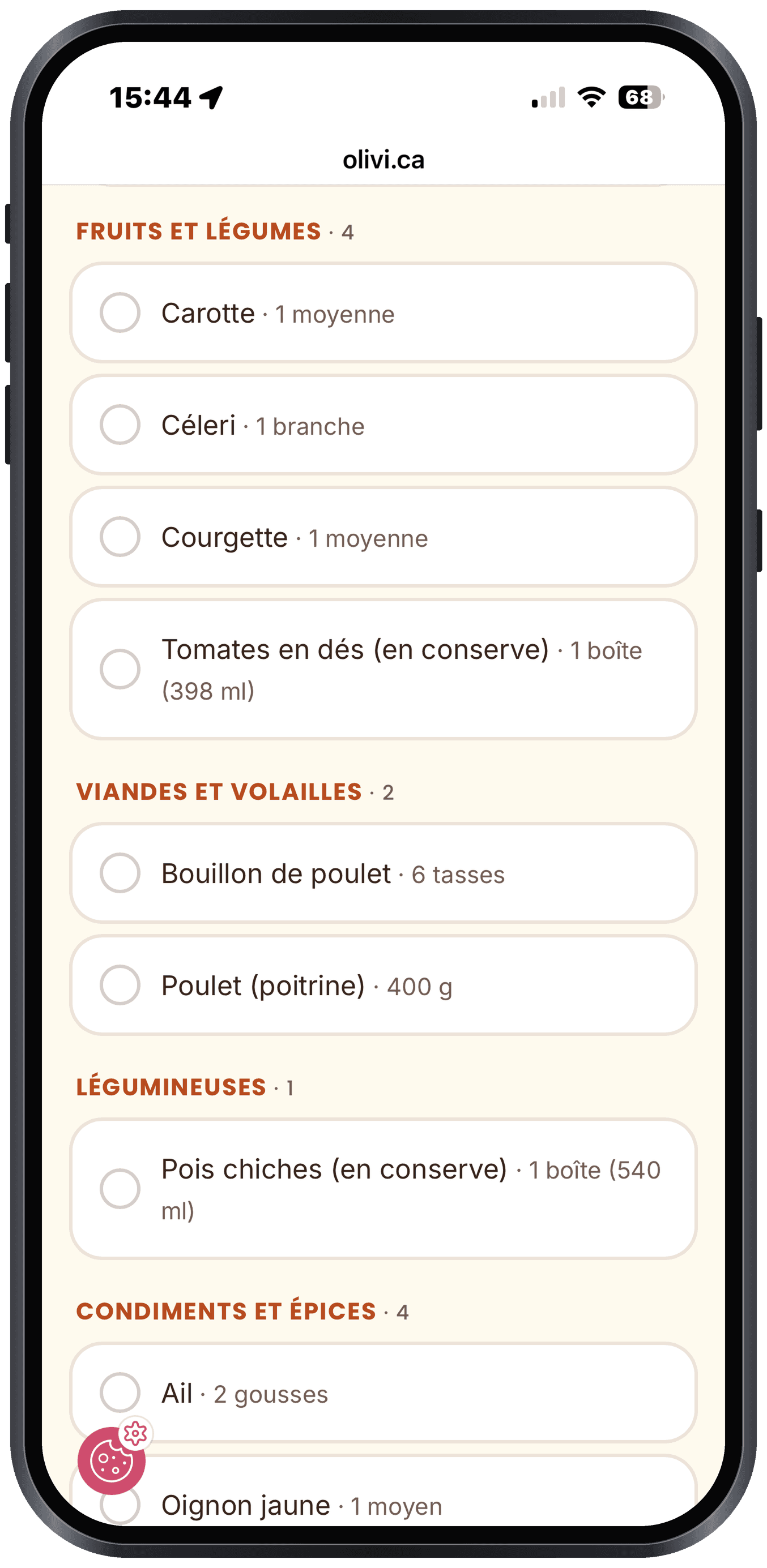 Shared grocery list opened on the web, no install needed A shared Olivi grocery list opened in a web browser, with no app to install
