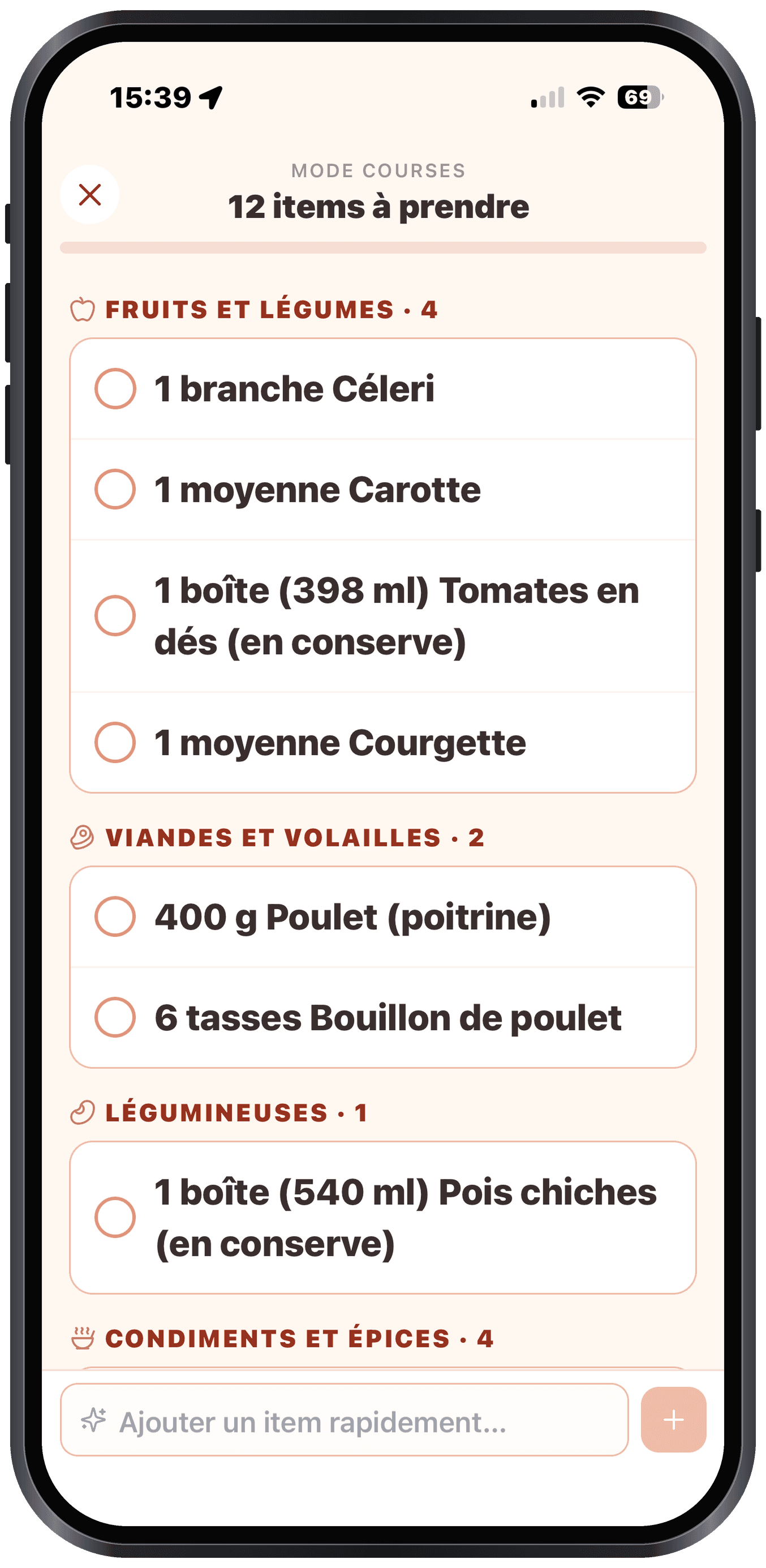 From meal plan to in-store shopping mode with Olivi Olivi's shopping mode on iPhone: the grocery list built from the plan, in large type and sorted by aisle