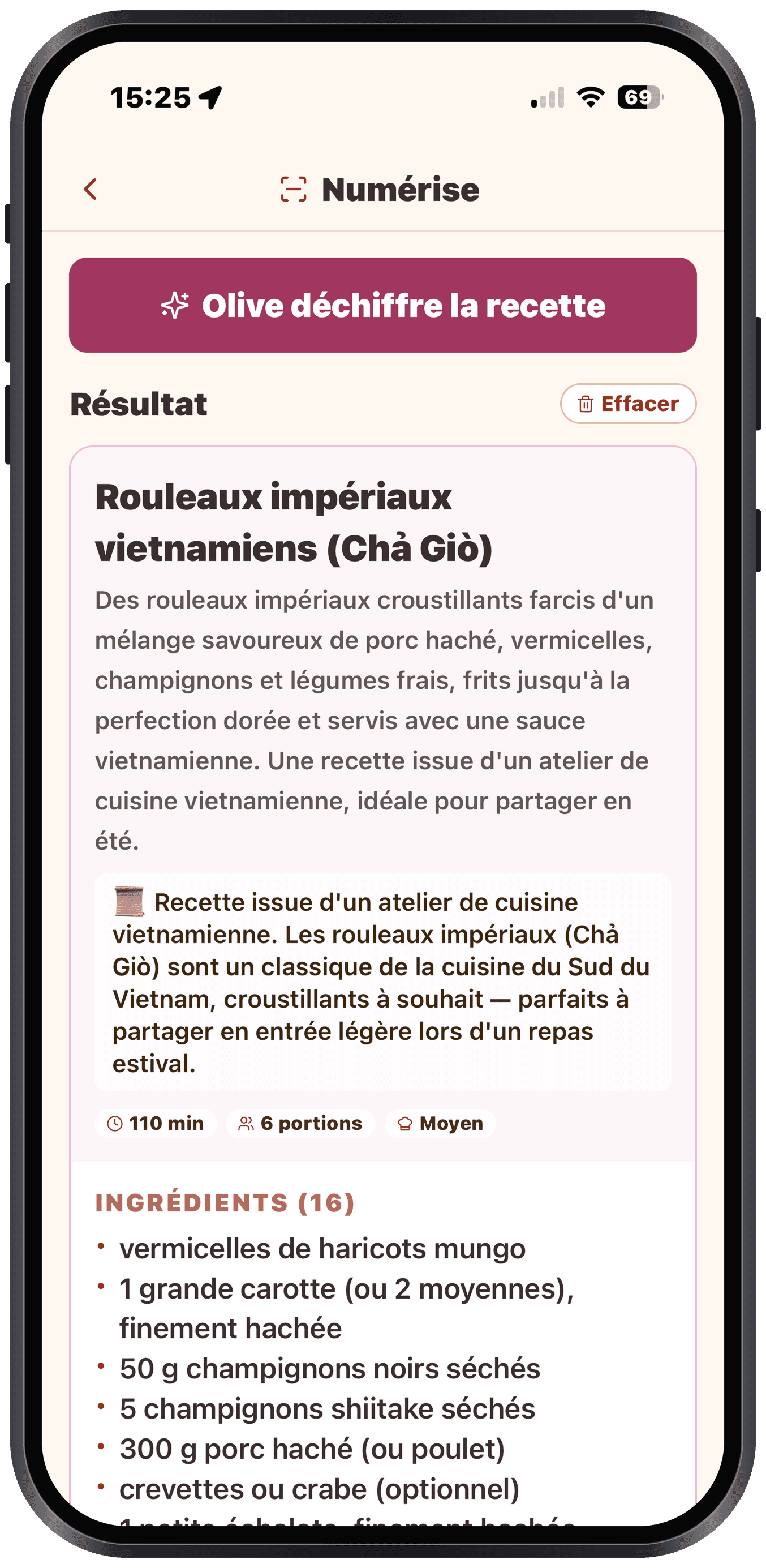 Recette papier transformée en recette structurée par Olivi Le résultat de la numérisation dans Olivi sur iPhone : la recette papier transformée en recette structurée (titre, ingrédients, étapes)