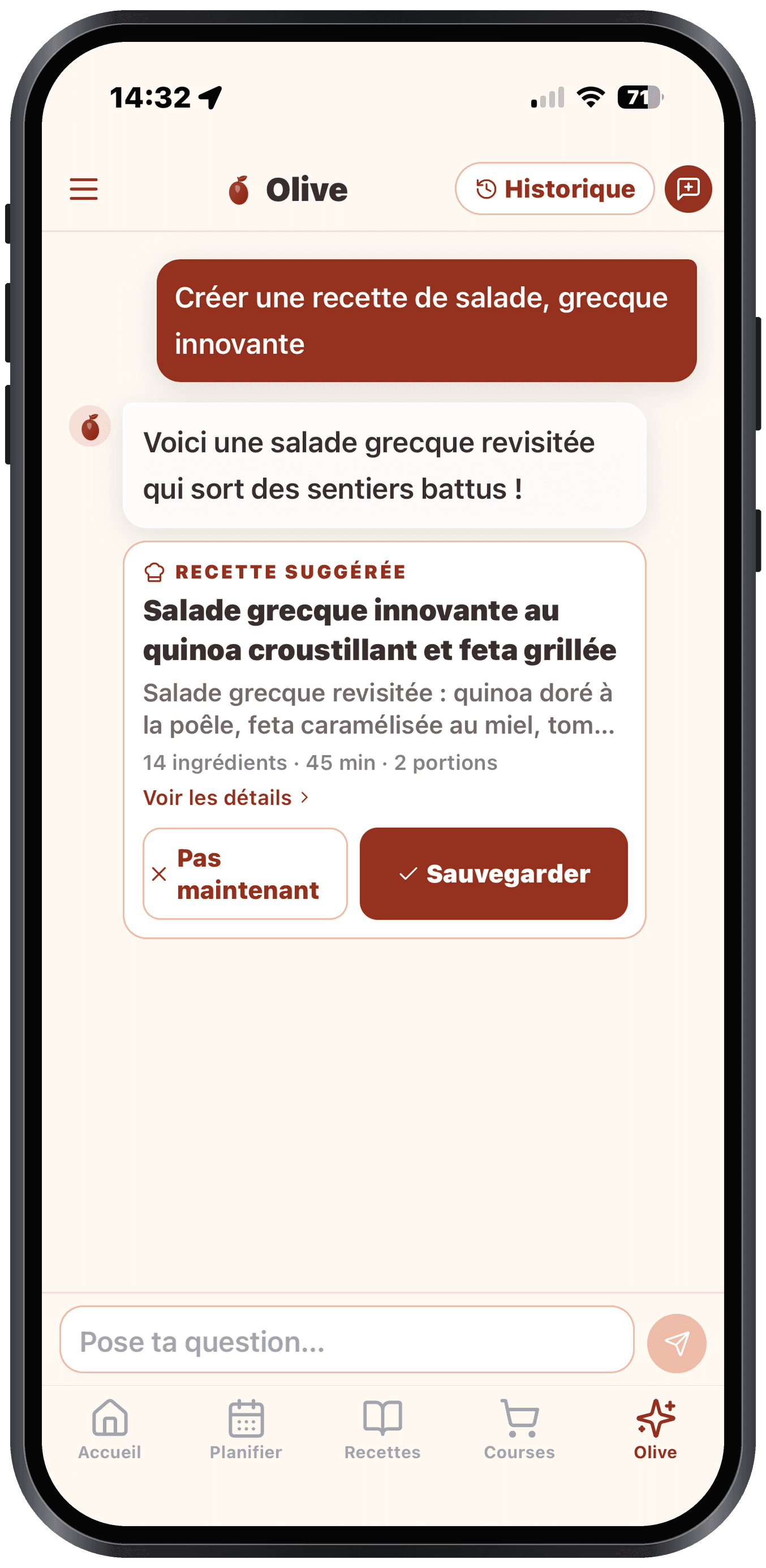 Parler avec Olive, l'assistant cuisine IA d'Olivi Conversation avec Olive, le coach cuisine IA d'Olivi, sur iPhone