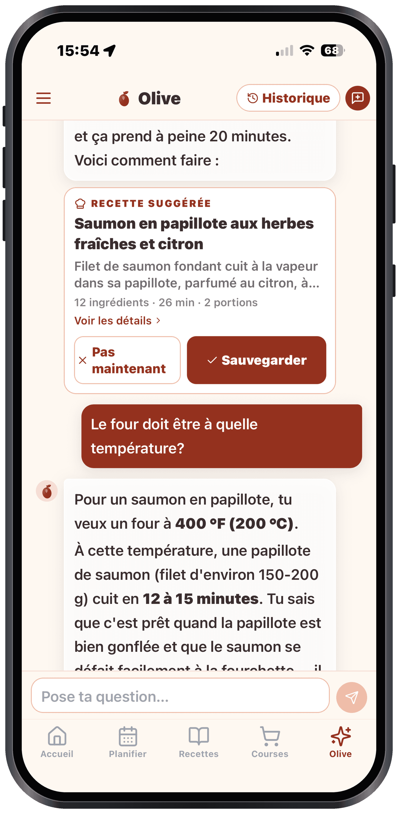 Planning meals with Olive, the AI behind the Olivi planner Olive, Olivi's AI cooking coach, plans the week's meals from the chat on iPhone