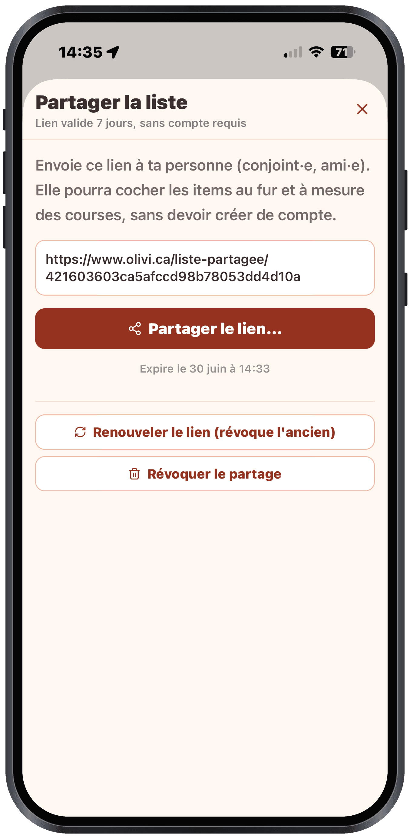 Partager sa liste d'épicerie en temps réel avec Olivi Partage de la liste d'épicerie Olivi en temps réel avec son partenaire sur iPhone